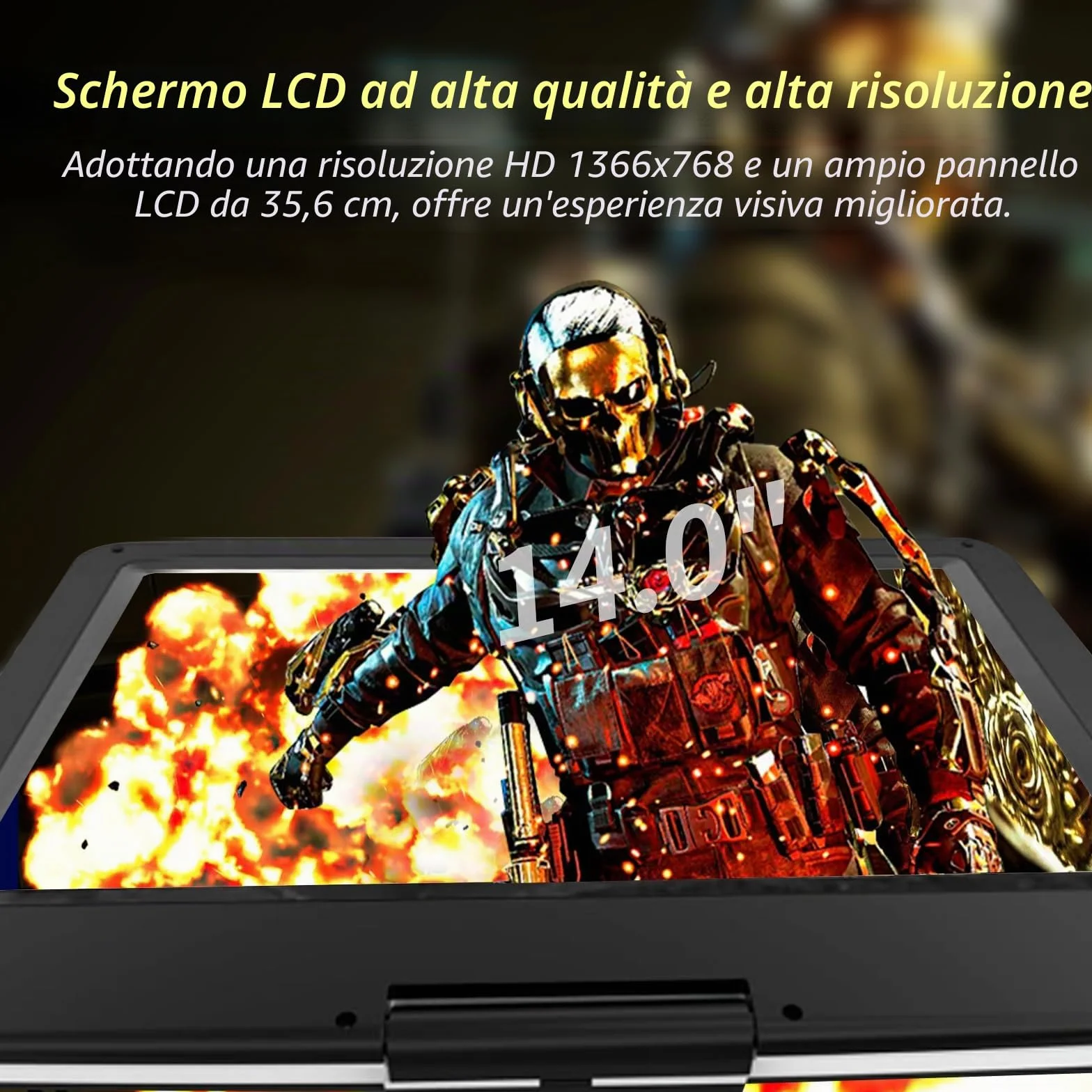 Lettore DVD portatile 17,9 pollici schermo girevole 14,1" batteria 6 ore supporto poggiatesta auto nero