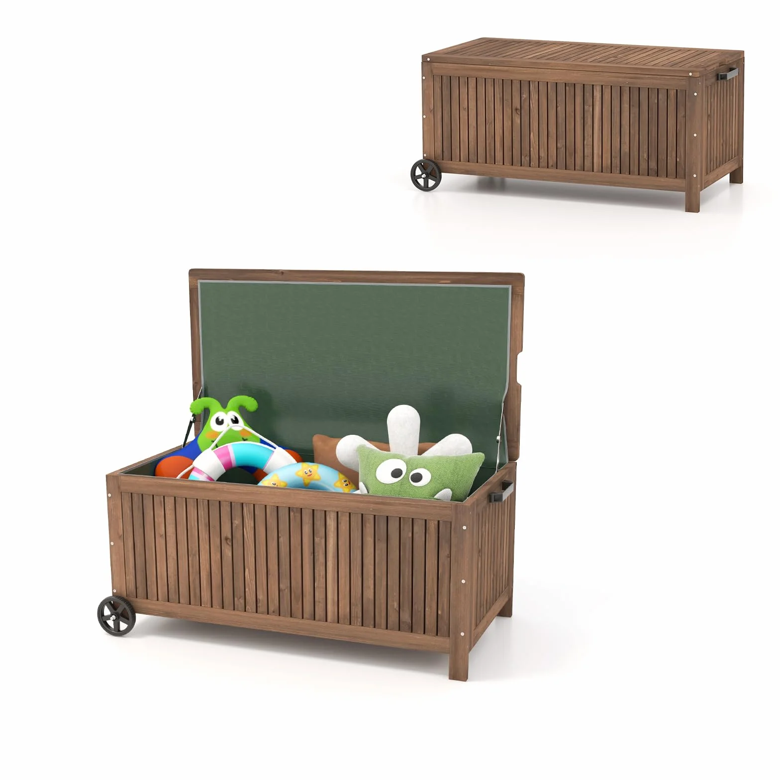 HOMASIS 213L Cassapanca in Legno di Abete, Banco da Giardino con Ruote e Fodera Impermeabile Rimovibile, Scatola di Stoccaggio, Portata 50KG per Terrazzo Balcone, 114x51x58.5 cm