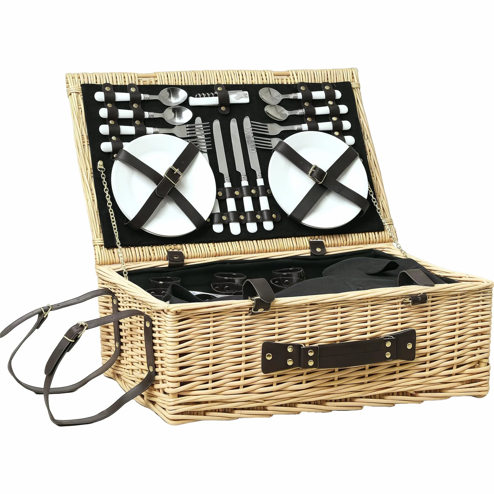 Outsunny Cestino da Picnic in Vimini per 4 Persone, Cesto Picnic con Area Frigo e Accessori Piatti, Bicchieri da Vino, Cucchiai e Forchette, Borsa per Vino, 54x34x20 cm, Color Legno