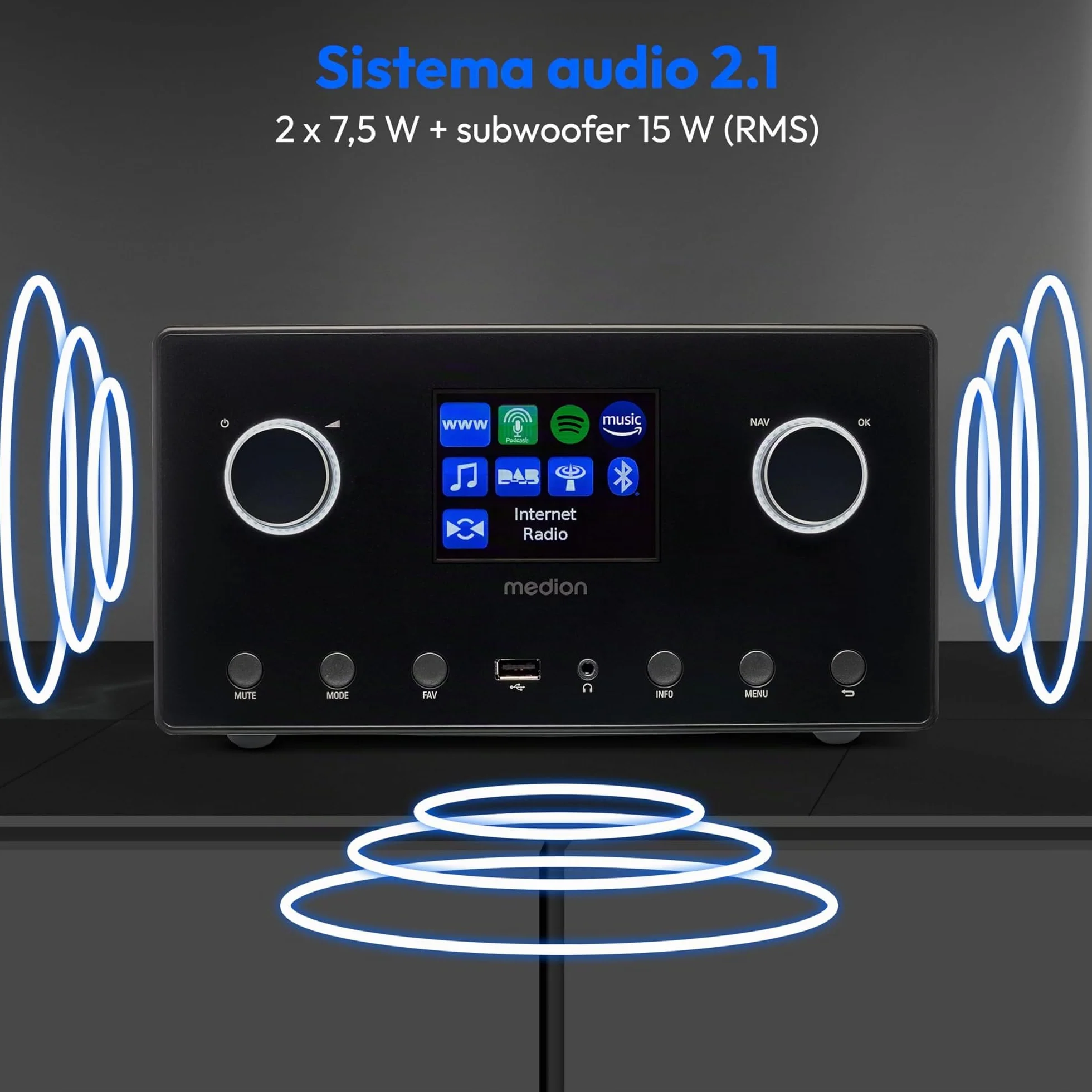 Medion P85444 2.1 Radio Internet z subwooferem DAB+ FM Spotify Connect WLAN Bluetooth