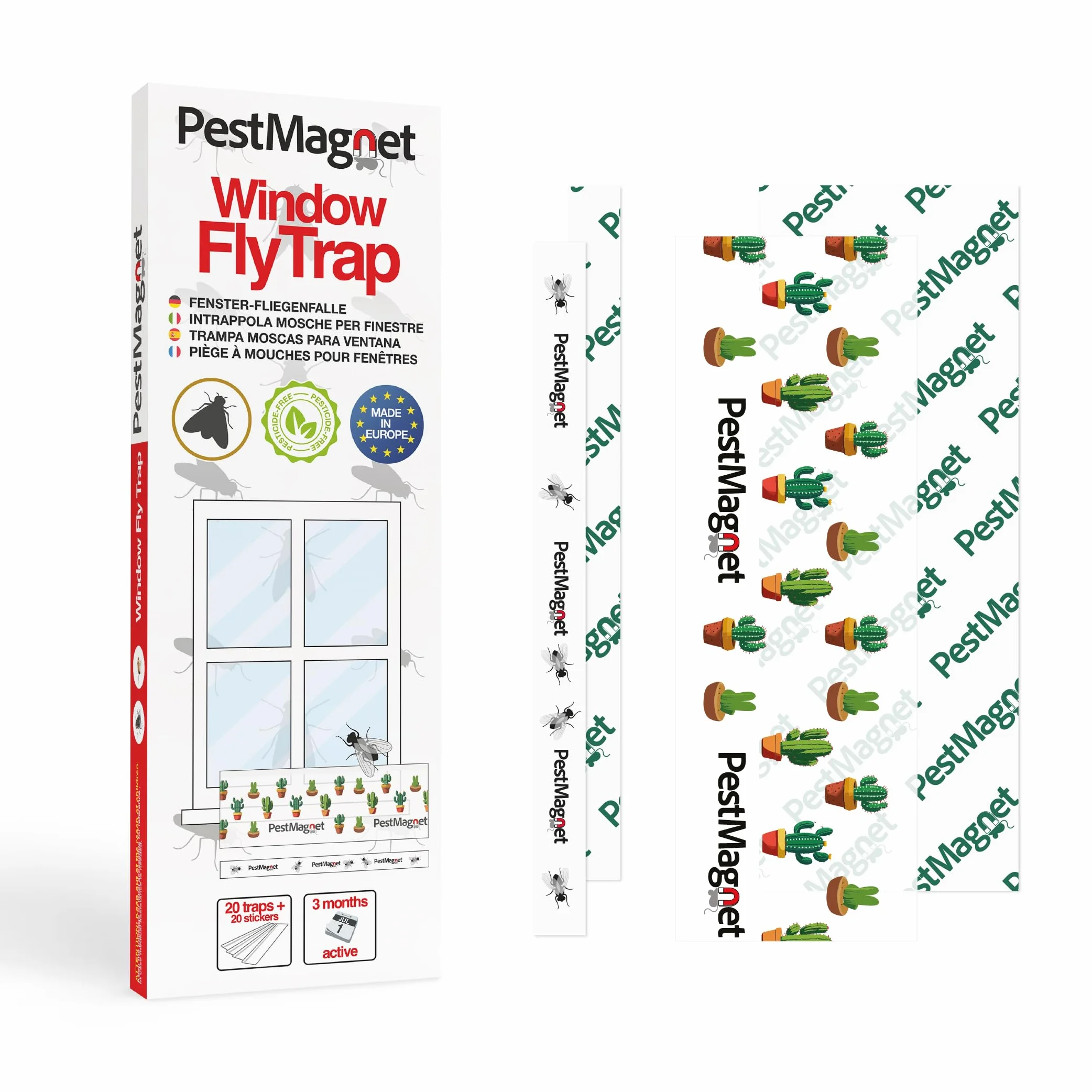 Set di 40 trappole per mosche (20pz + 20gratis) - Trappola per mosche e insetti da finestra, con disegno cactus, usa e getta, per interni, senza pesticidi, inodore e discreta