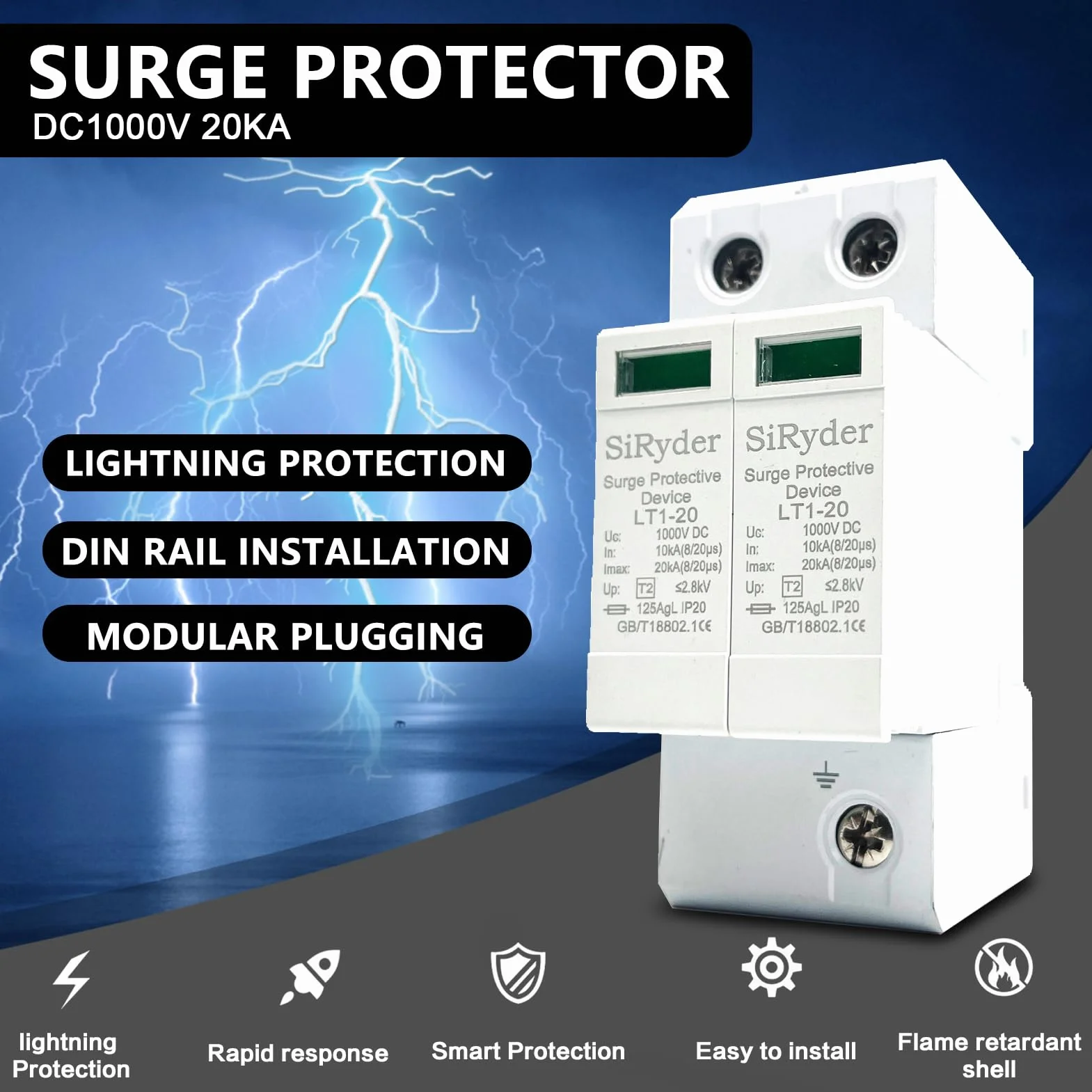 Scaricatore di Sovratensione 220V DC1000V 2P 10KA~20KA Fotovoltaico Protettore di Fulmini Bassa Tensione