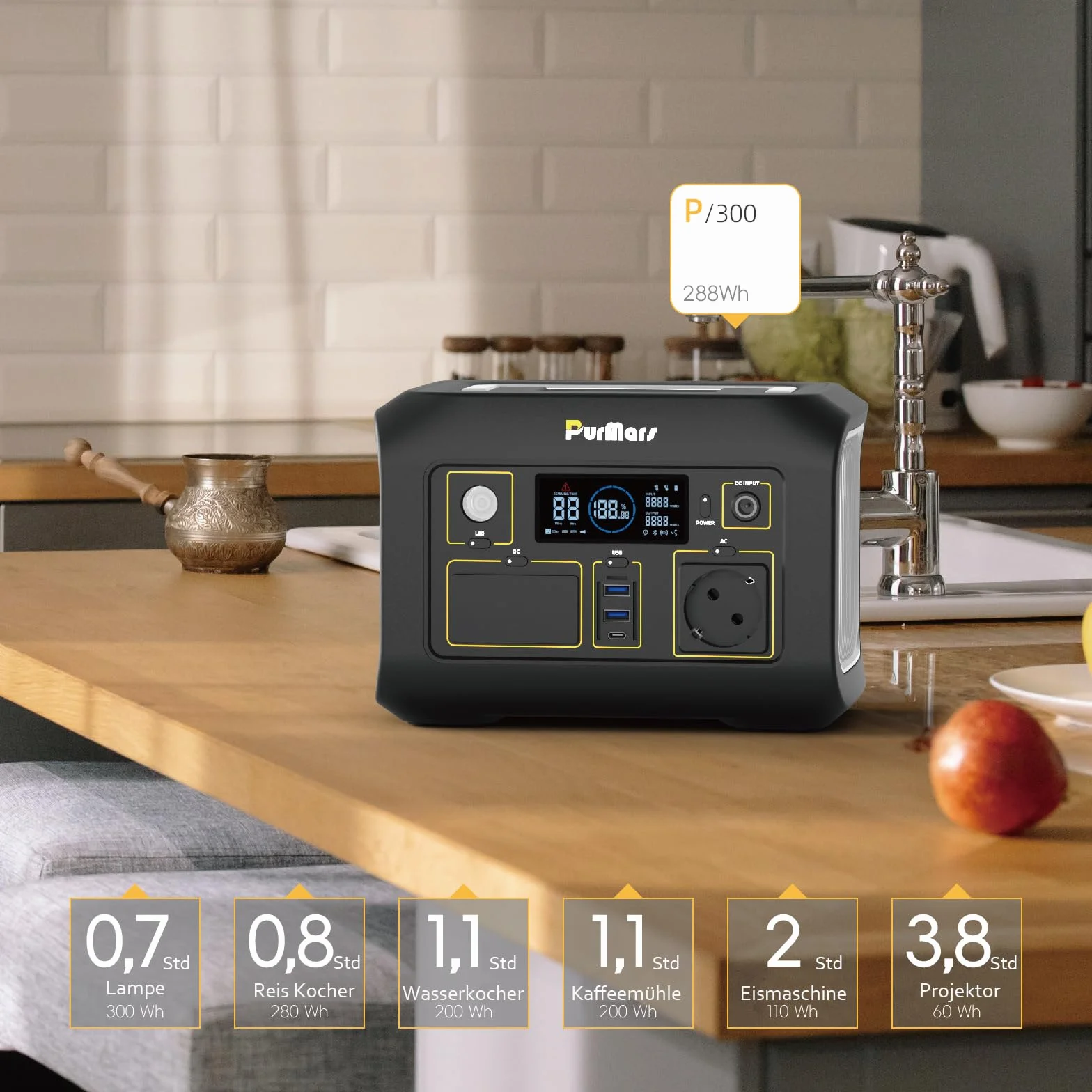 Powerbank Powerstation 300W (Max.500W), 288Wh (90.000mAh) Generatore Solare con Onda sinusoidale pura AC 230V, Batteria LiFePO4 Powerstation, adatto per Campeggio all'aperto, Viaggi e