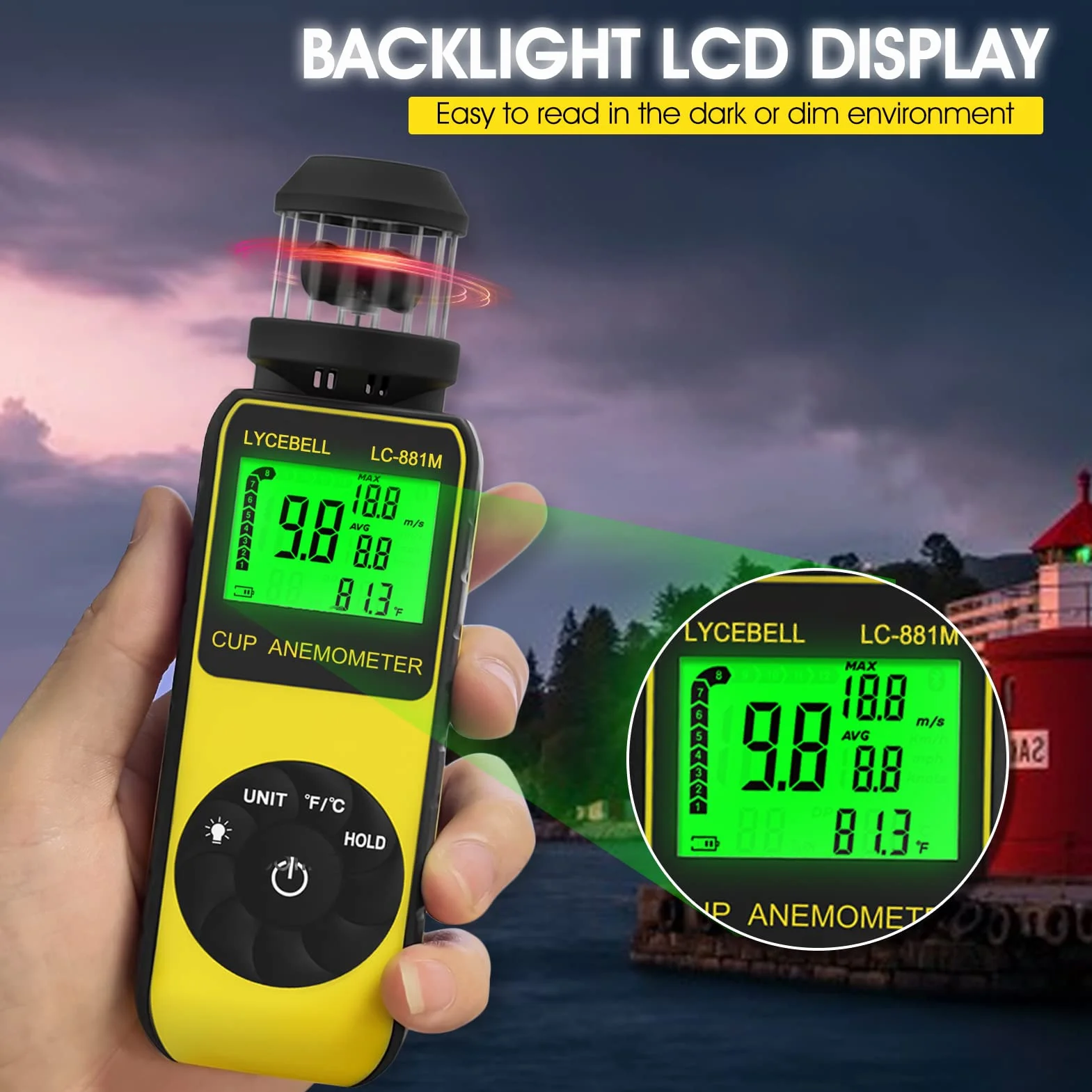 ‌Anemometro Digitale Portatile LC-881M, Misuratore di Velocità del Vento e Temperatura con Bussola Integrata, 360° Direzione Vento per Esterni, Droni, Nautica, Surf, Pesca, Montagna‌