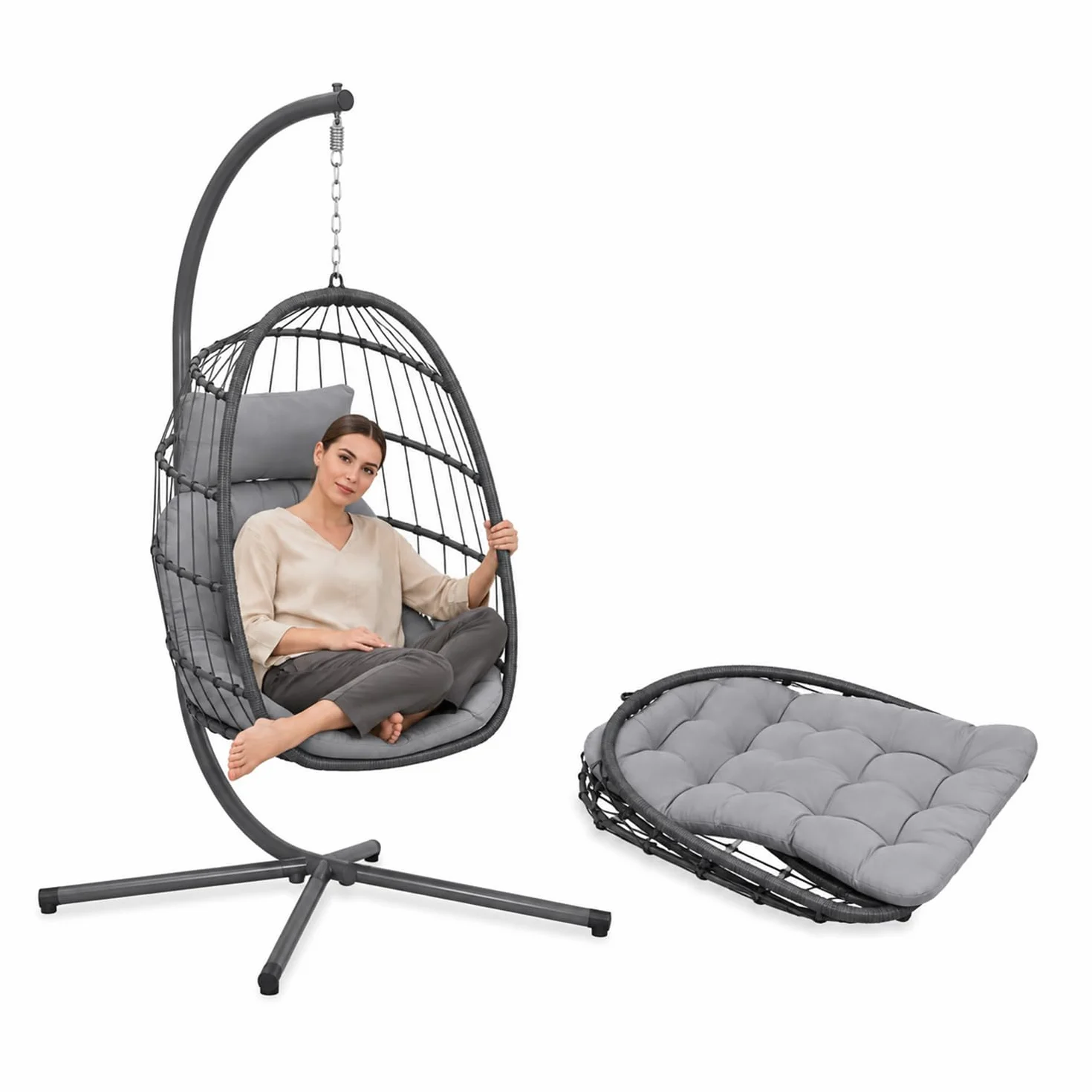 Poltrona Sospesa da Giardino a Uovo Pieghevole – Rattan Sintetico, Acciaio Zincato 192 cm, 160 kg | Sedia a Dondolo Sospesa con Cuscini Antracite, Interno ed Esterno, 75×10×103,5 cm chiusa