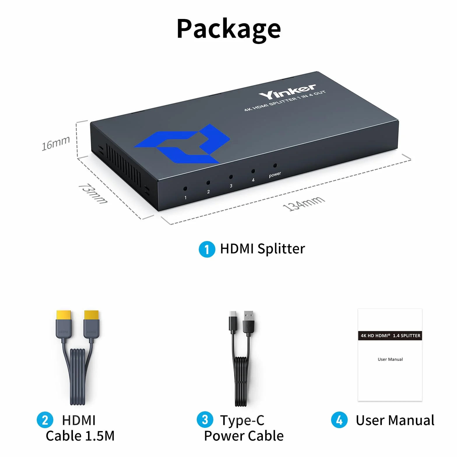 Yinker Splitter HDMI 1 in 4 Out 4K30Hz HDCP1.4 EDID HDR con Cavo 1.5m