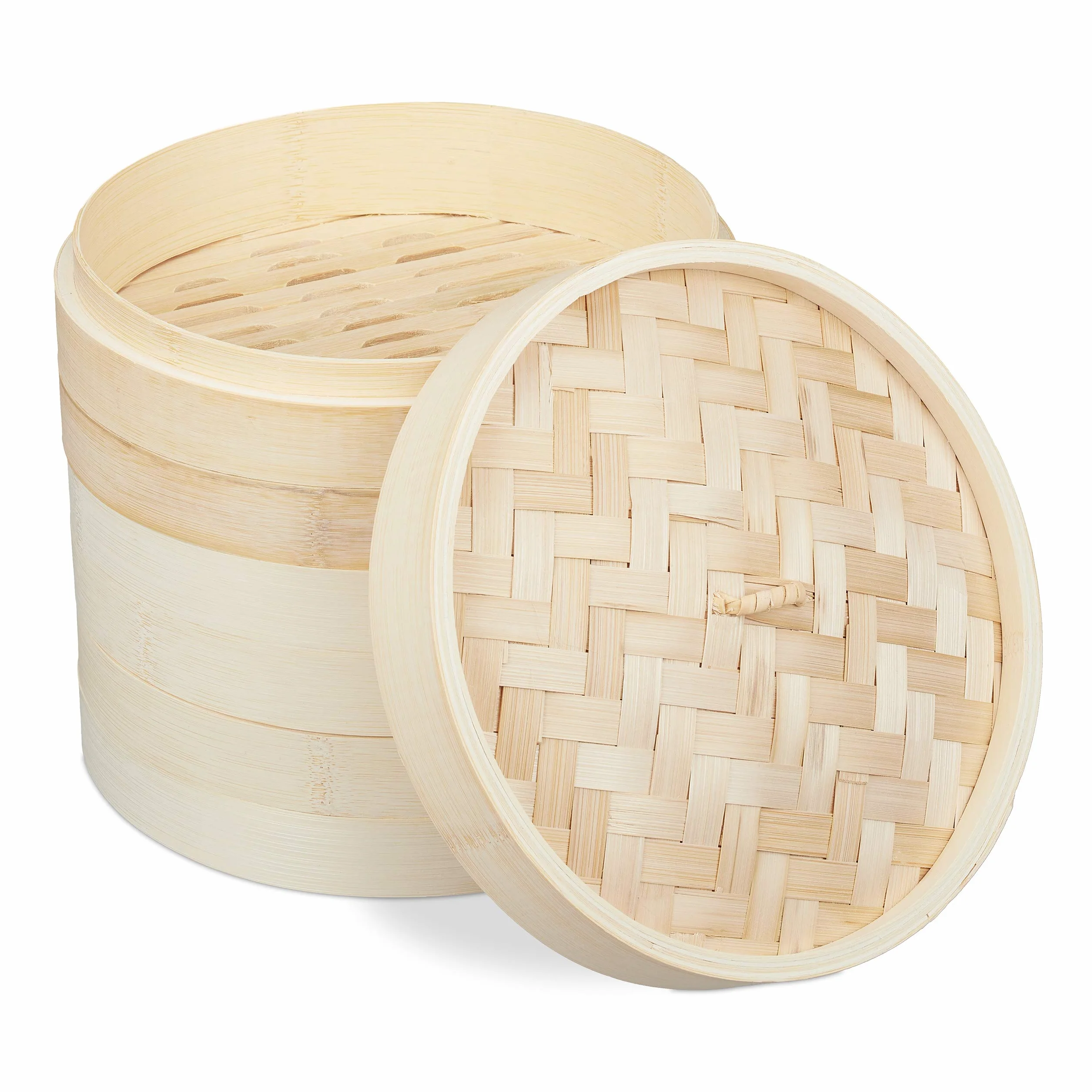 Relaxdays Vaporiera Cinese in Bambù, Cestello 3 Piani per Cottura a Vapore, per Riso & Verdure, Ø 24 cm, Marrone Chiaro
