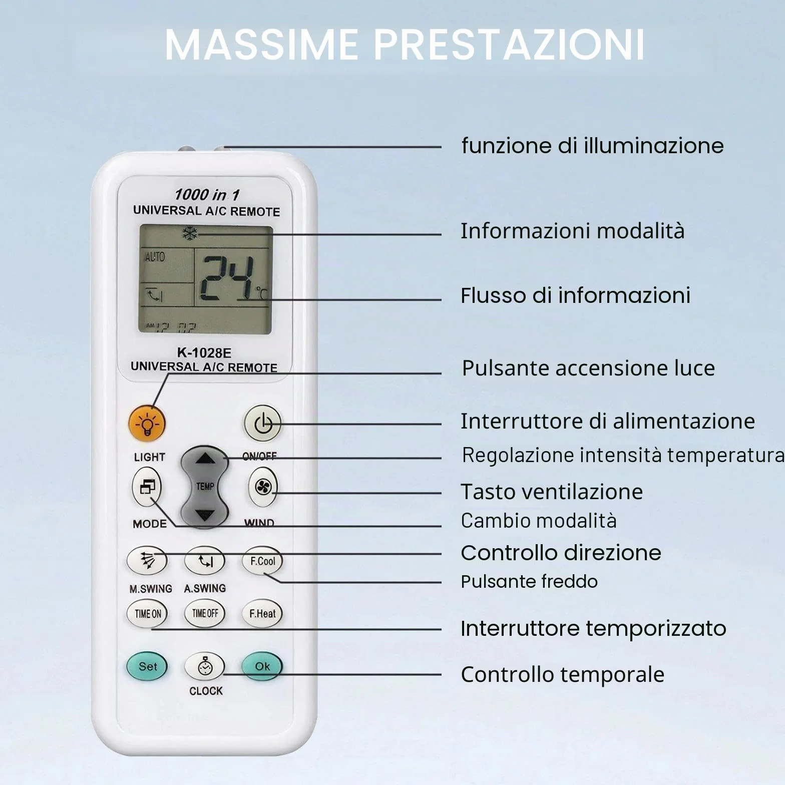 Telecomando Universale per Climatizzatori K-1028e Compatibile LCD 1000 in 1