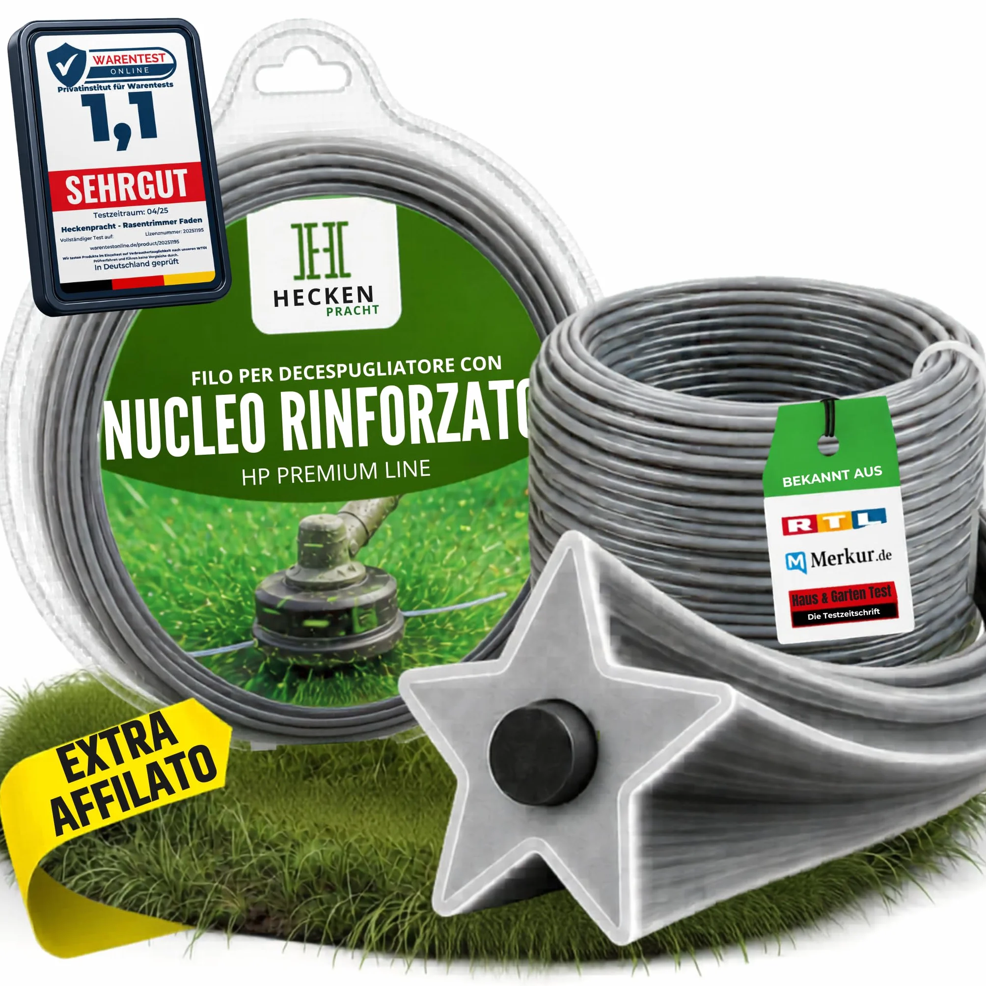 Heckenpracht® Filo decespugliatore con nucleo rinforzato 2mm ⌀ x 50m | profilo a stella extra affilato | filo per decespugliatore | filo tagliabordi