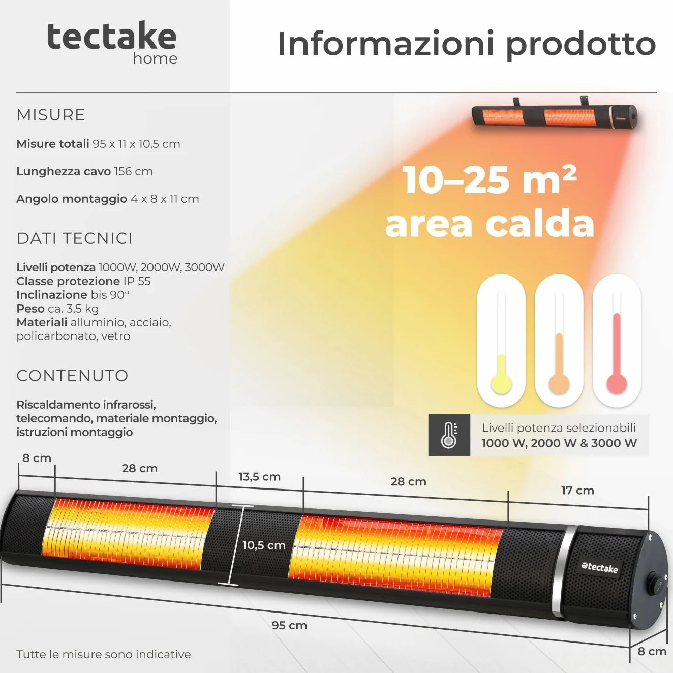 Tectake Radiatore a Infrarossi 3000W, Alluminio, Inclinabile, Telecomando, Nero