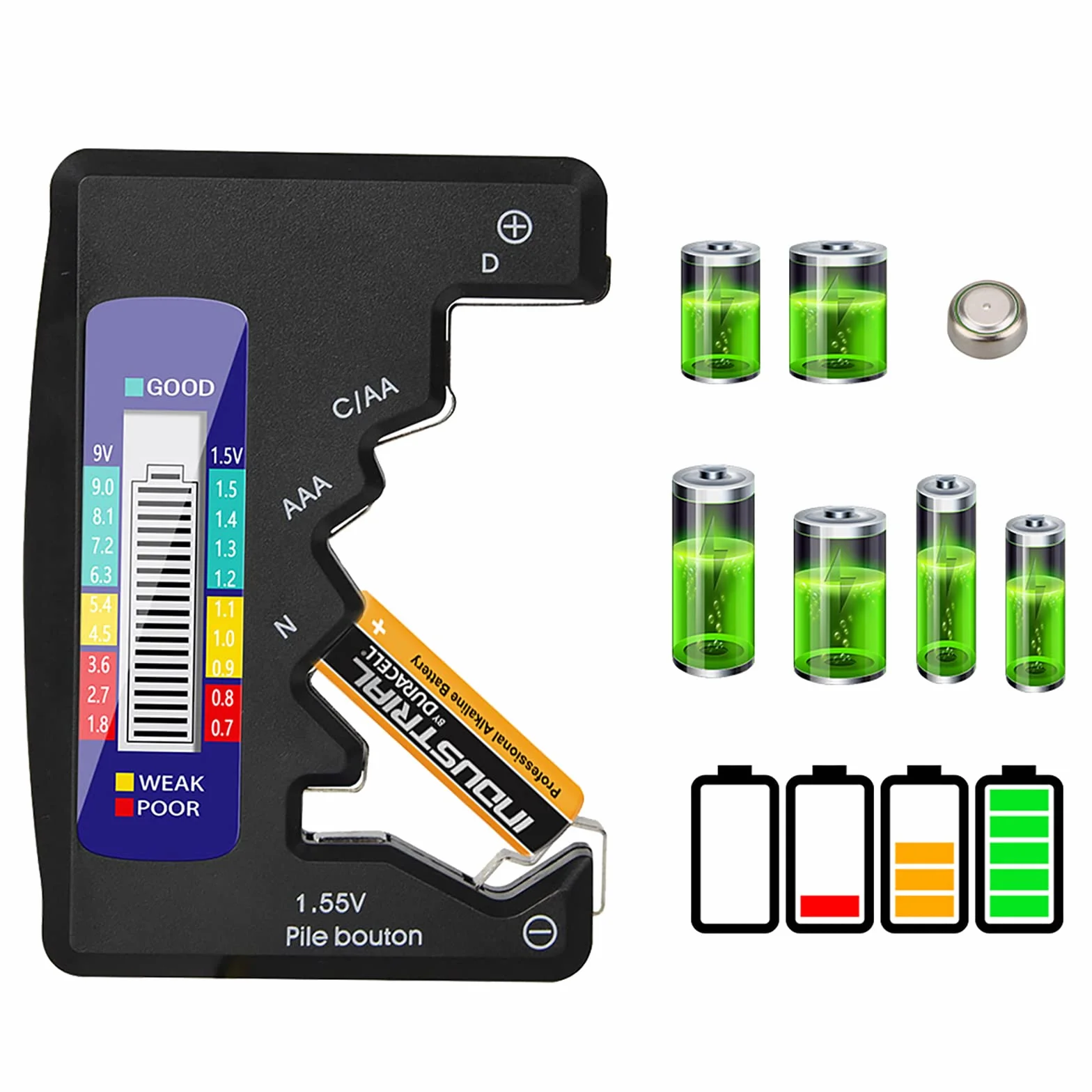 Tester della Batteria Universale con Display LCD Digitale per Batterie AA/AAA/C/D 1,5V-9V