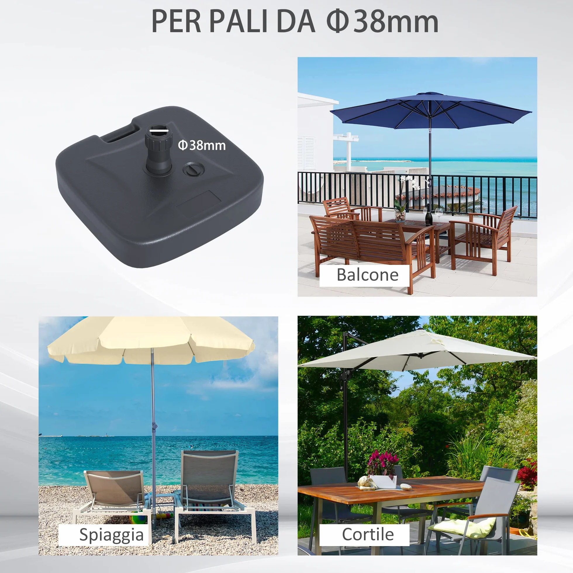 Outsunny Base per Ombrellone da Giardino in HDPE, Base per Ombrellone con Maniglia, Supporto per Pali Ø38mm, Riempibile con 20 kg di Acqua e 30 kg di Sabbia, per Giardino Piscina, Nero