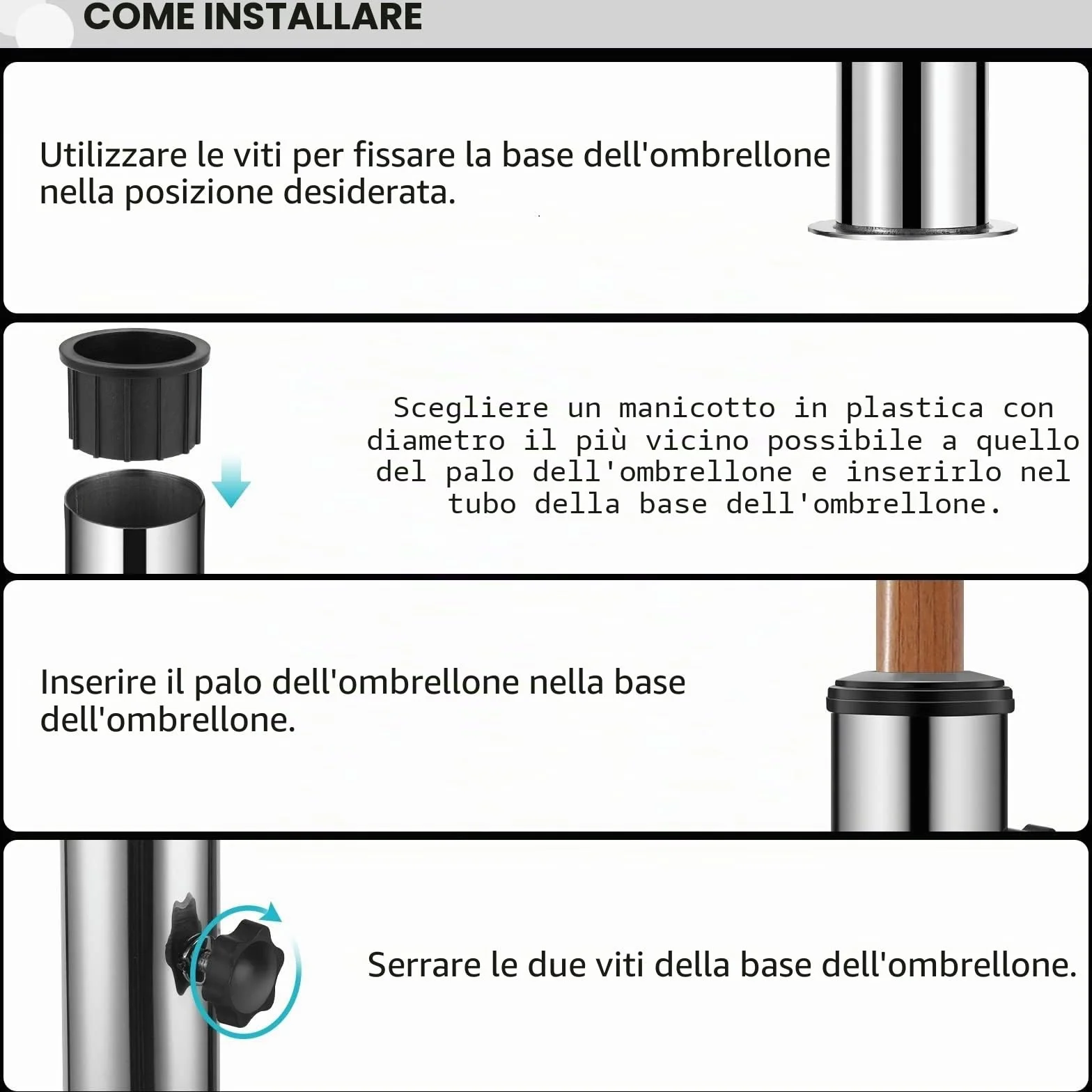 SLIIMU Accessori per Basi di Ombrelloni, Telaio Universale per Ombrelloni (Ø 58 mm), Base in Tubo di Ferro Zincato, con 3 Raccordi in Acciaio Inossidabile