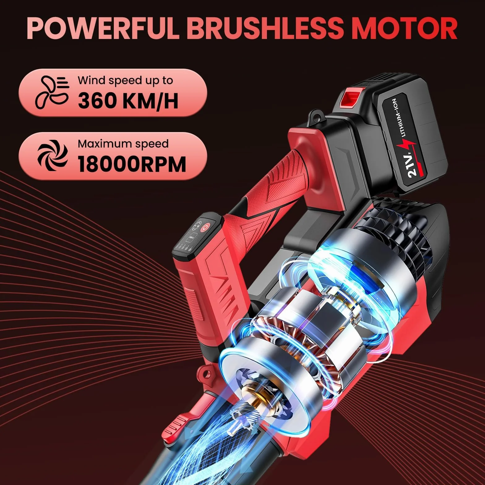 Soffiatore a Batteria 21V con 2x 4.5Ah Batterie, Soffiatore Foglie Potente 360 km/h, Motore Brushless, 5 Velocità + Turbo, 3 Tubi, Tracolla, Compatibile 18V, per Giardino, Auto, Neve, Cortile