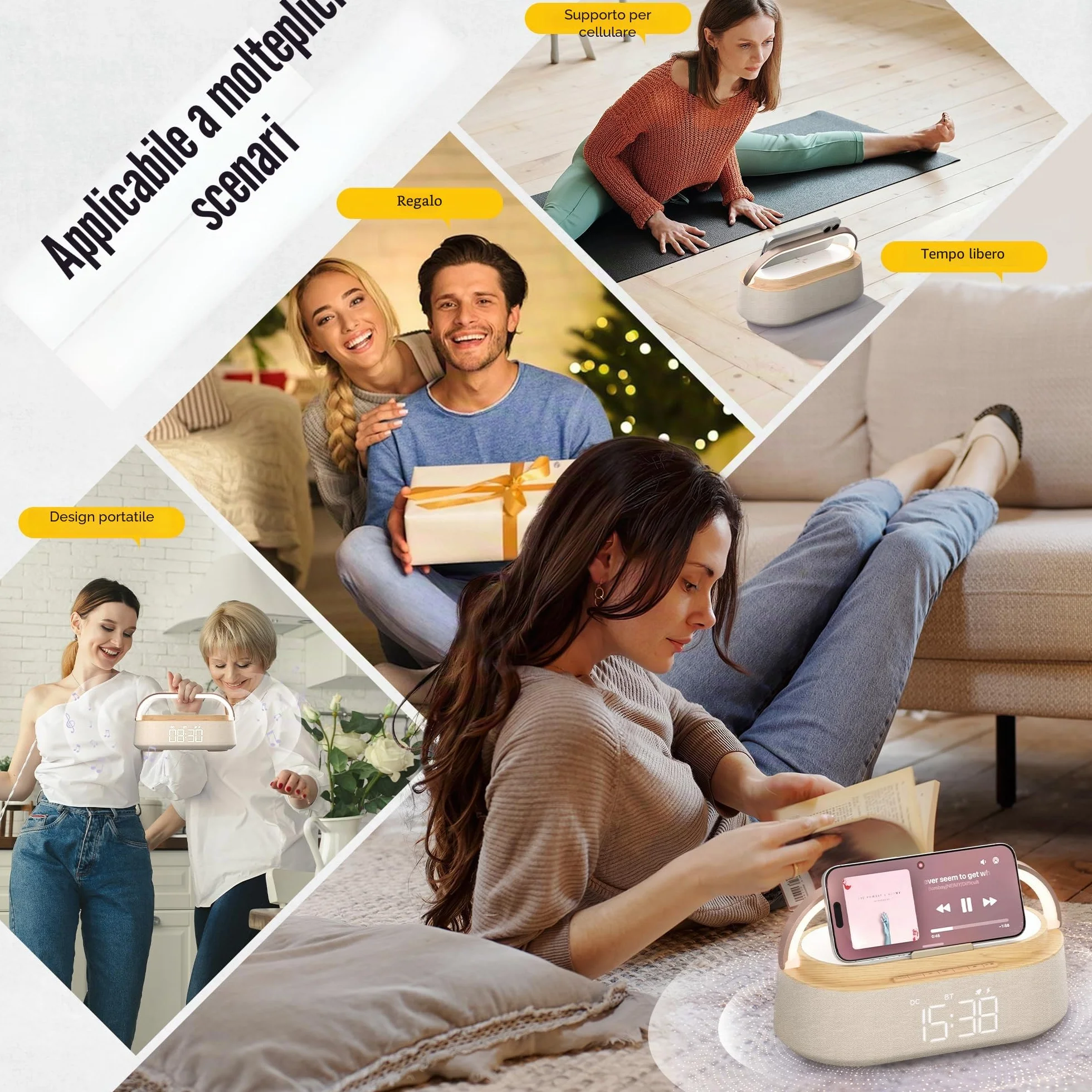 COLSUR Radiosveglia Digitale con Ricarica Wireless, Radio FM Sveglia con Allarme, Bluetooth Speaker, USB Luce Notturna, Display LED