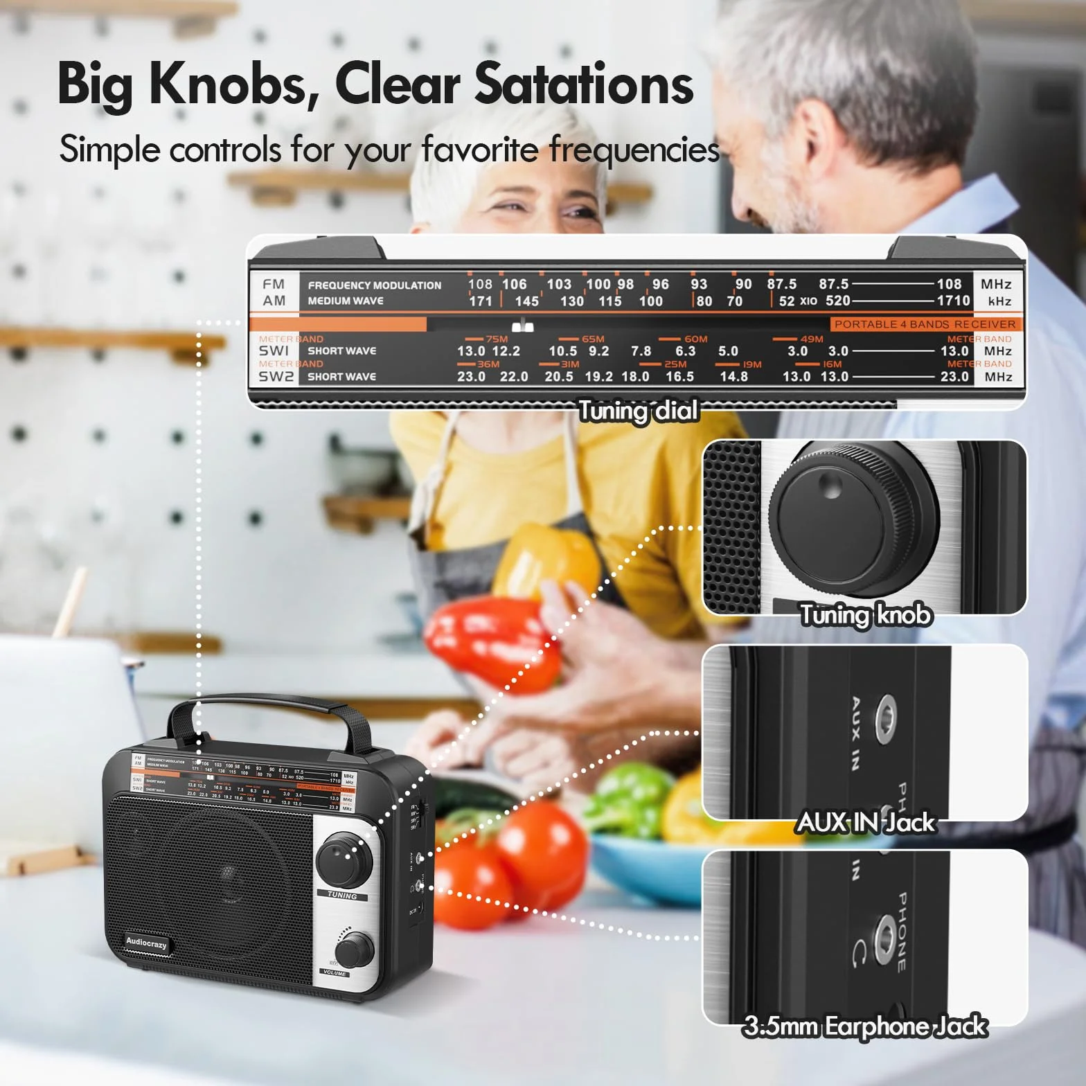 Radio Portatile AM/FM/SW1-2 Multibanda 1800 mAh Batteria Ricaricabile Nero