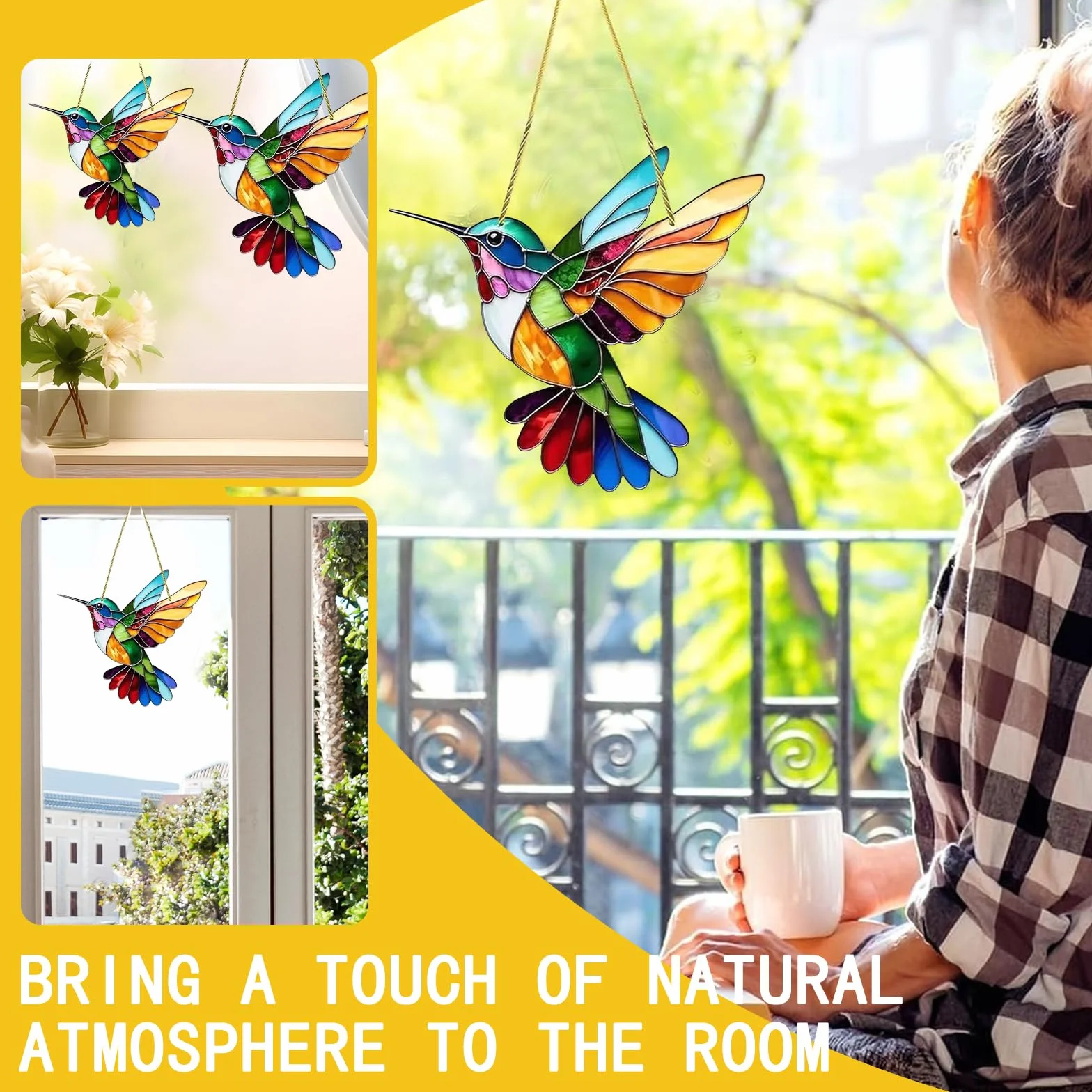 2 Pezzi Acchiappasole a Forma di Colibrì, Acchiappa Sole,Colibrì Prisma Arcobaleno da Finestra, Colorato Acchiappasole Colibrì, Uccelli Acchiappa Sole da Appendere