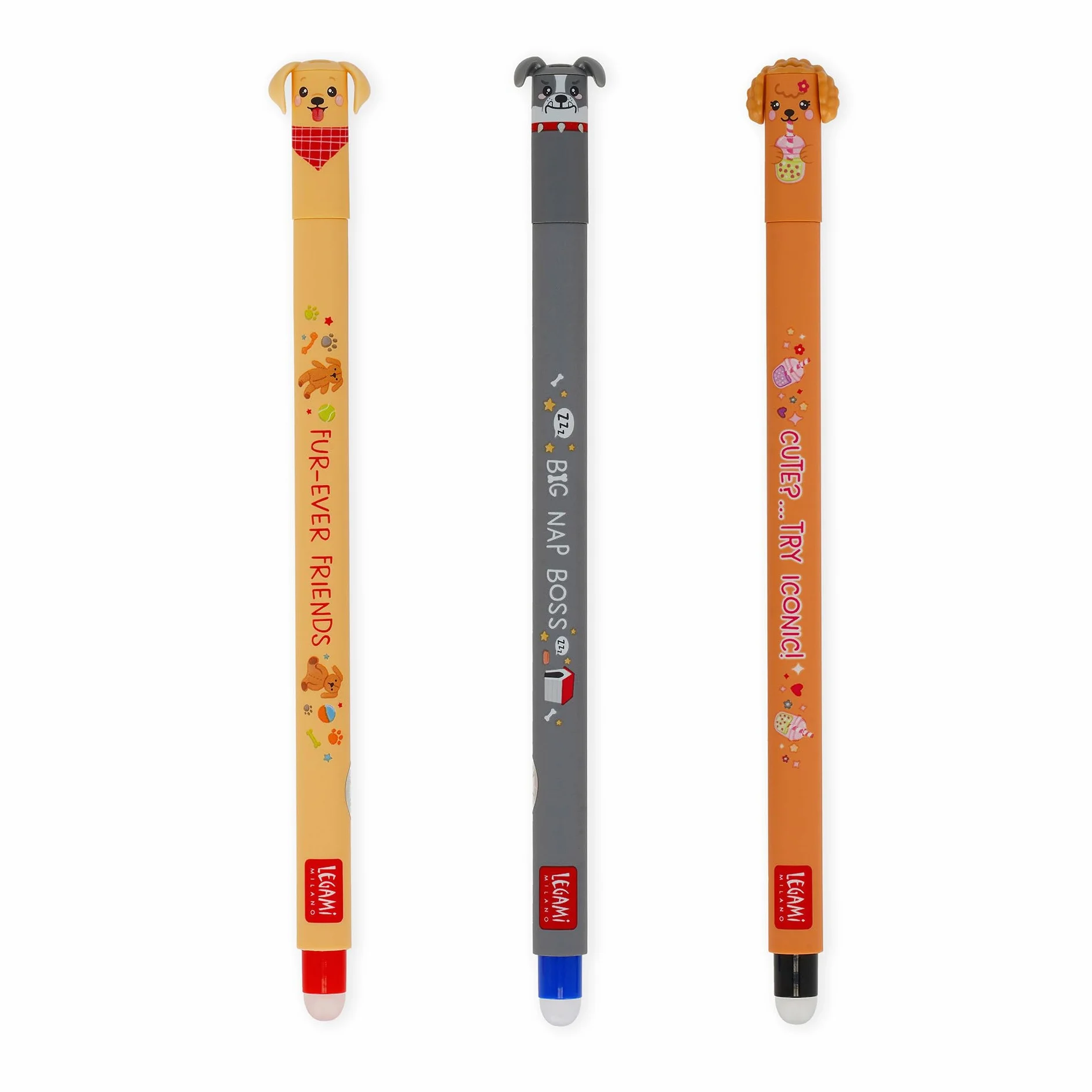 Legami Set di 3 Penne Gel Cancellabili Fur-ever Friends, Inchiostro Termosensibile, Nero, Blu, Rosso, Punta 0,7 mm