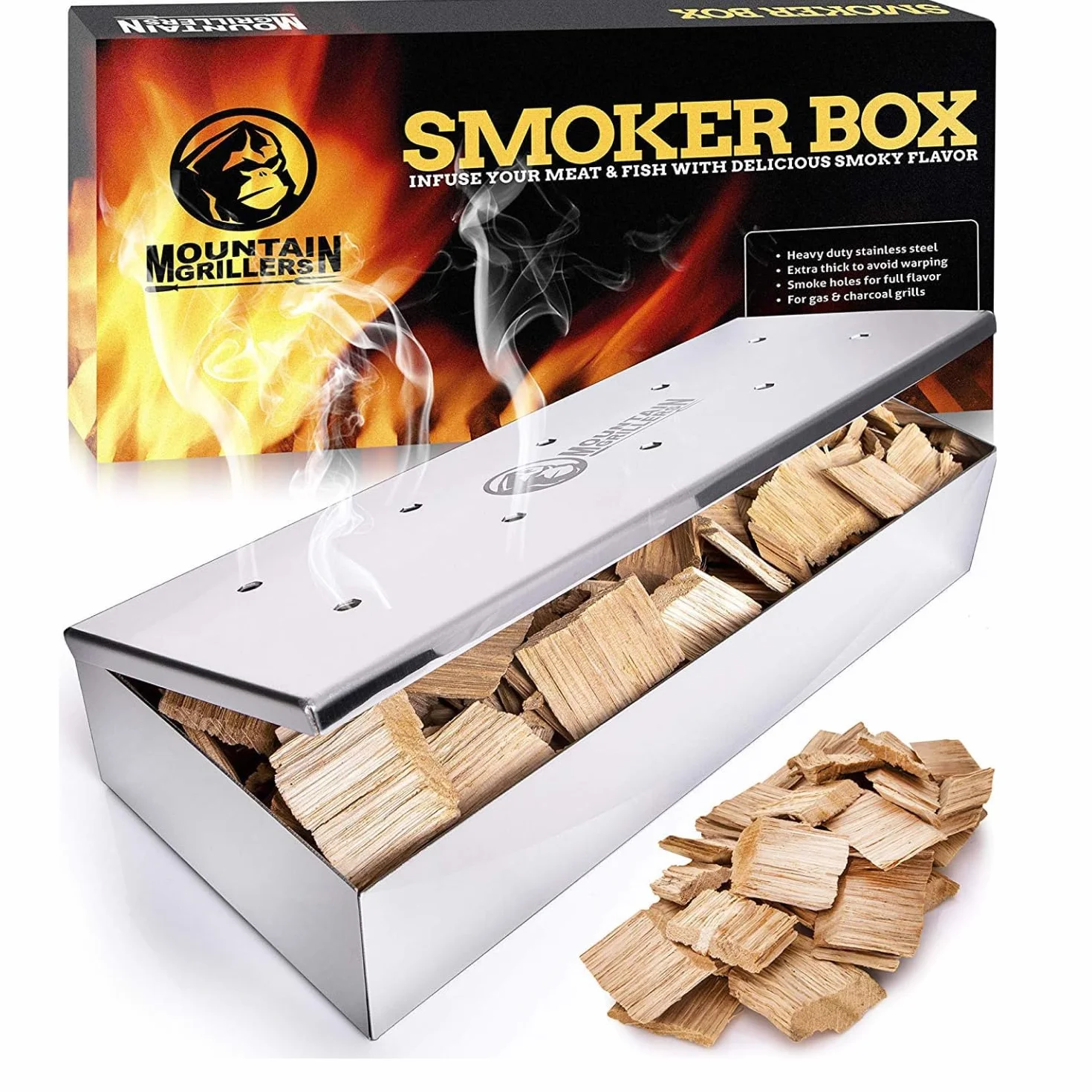Smoker Box - Cassa per affumicatura per griglie - Deliziosa carne dal sapore affumicato per griglia a gas o carbone - Coperchio con cerniere per un'apertura facile (acciaio inox, finitura lucida)
