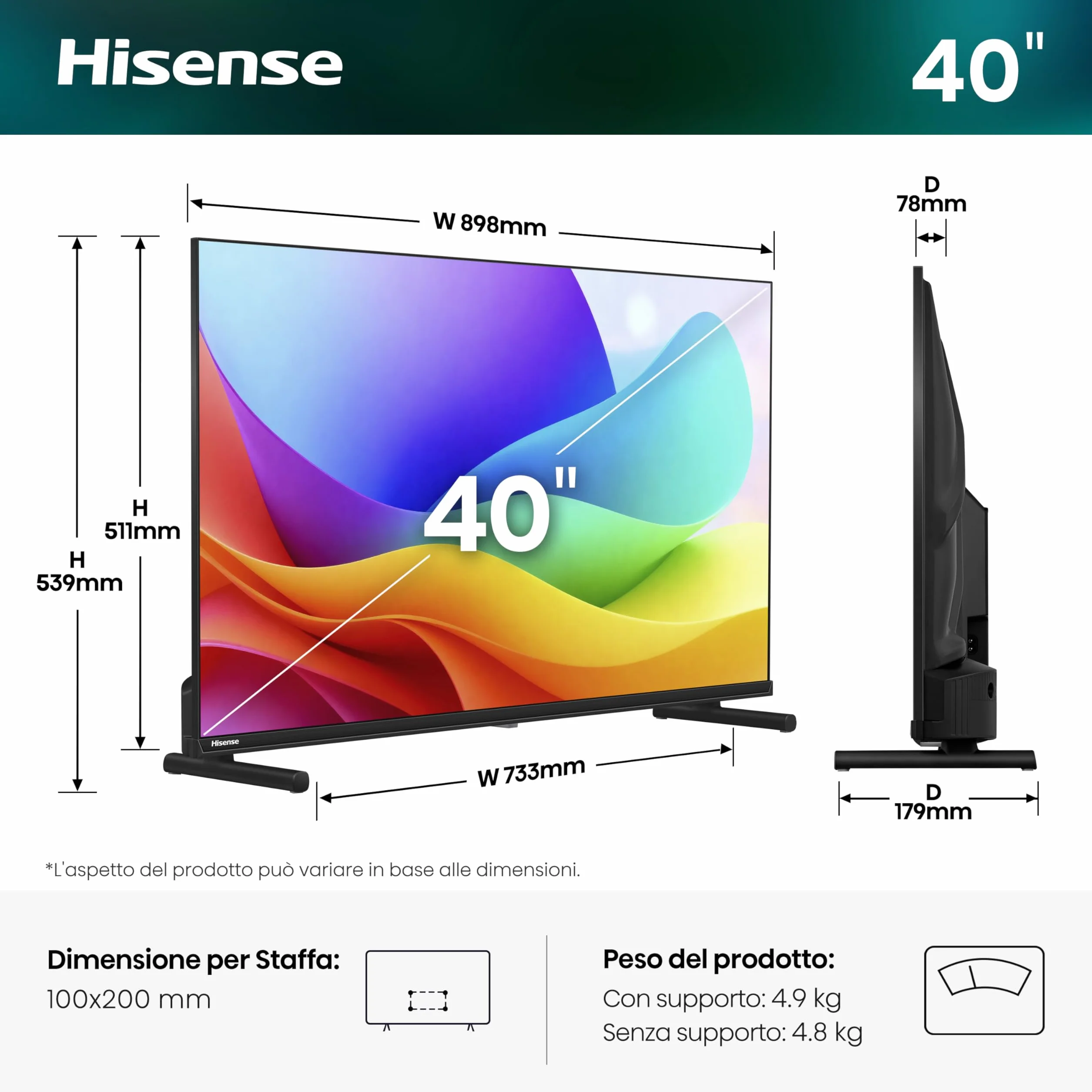 Hisense Smart TV QLED 40" FHD 40E5ST, 60Hz, Dolby Atmos, VIDAA OS, HDR10, Game Mode, Works with Alexa, Wi-Fi
