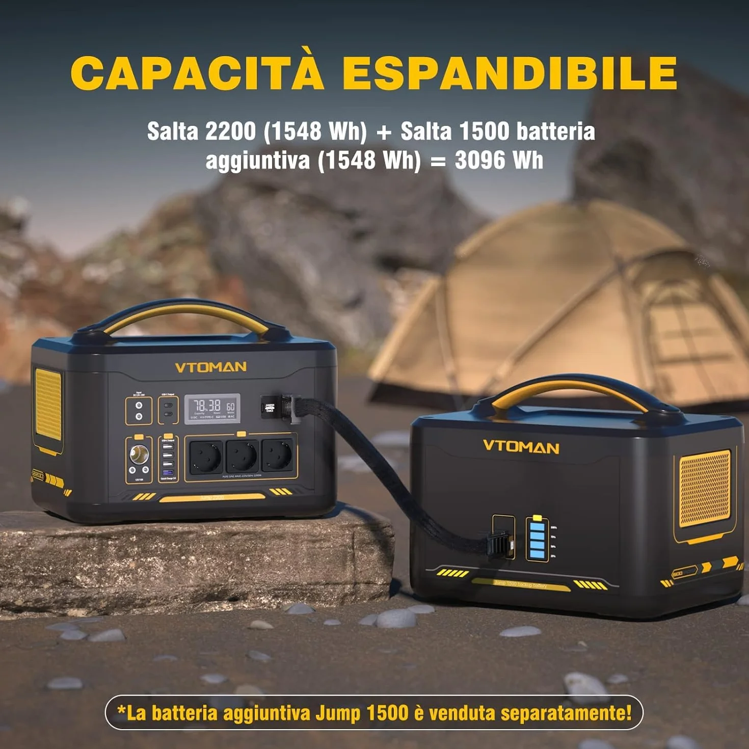 VTOMAN Jump 2200 Centrale Elettrica Portatile da 2200W, Generatore Solare da 1548Wh con Capacità Espandibile, con Avviatore, Potenza in Ingresso Potenziata a 400W