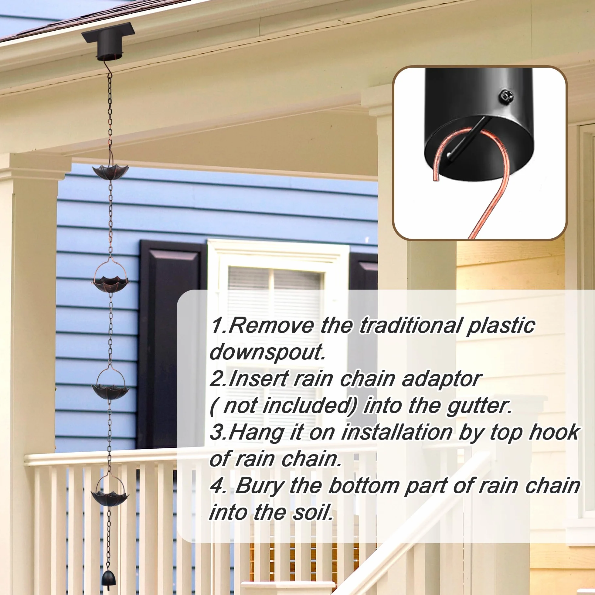 Invech Catene da pioggia per grondaie, da 12,5 m, con 12 tazze, catena antipioggia a forma di ombrello con campana per drenaggio grondaie, ricambio per Downpout