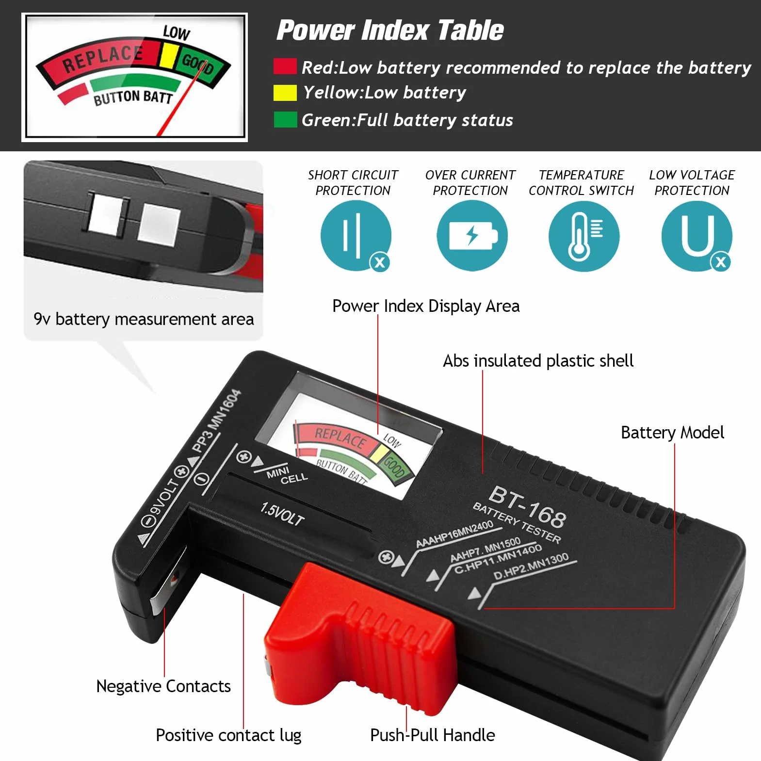 Set di 2 Tester Batteria Universale per Batterie AA AAA C D 9V 1.5V e a Bottone Nero