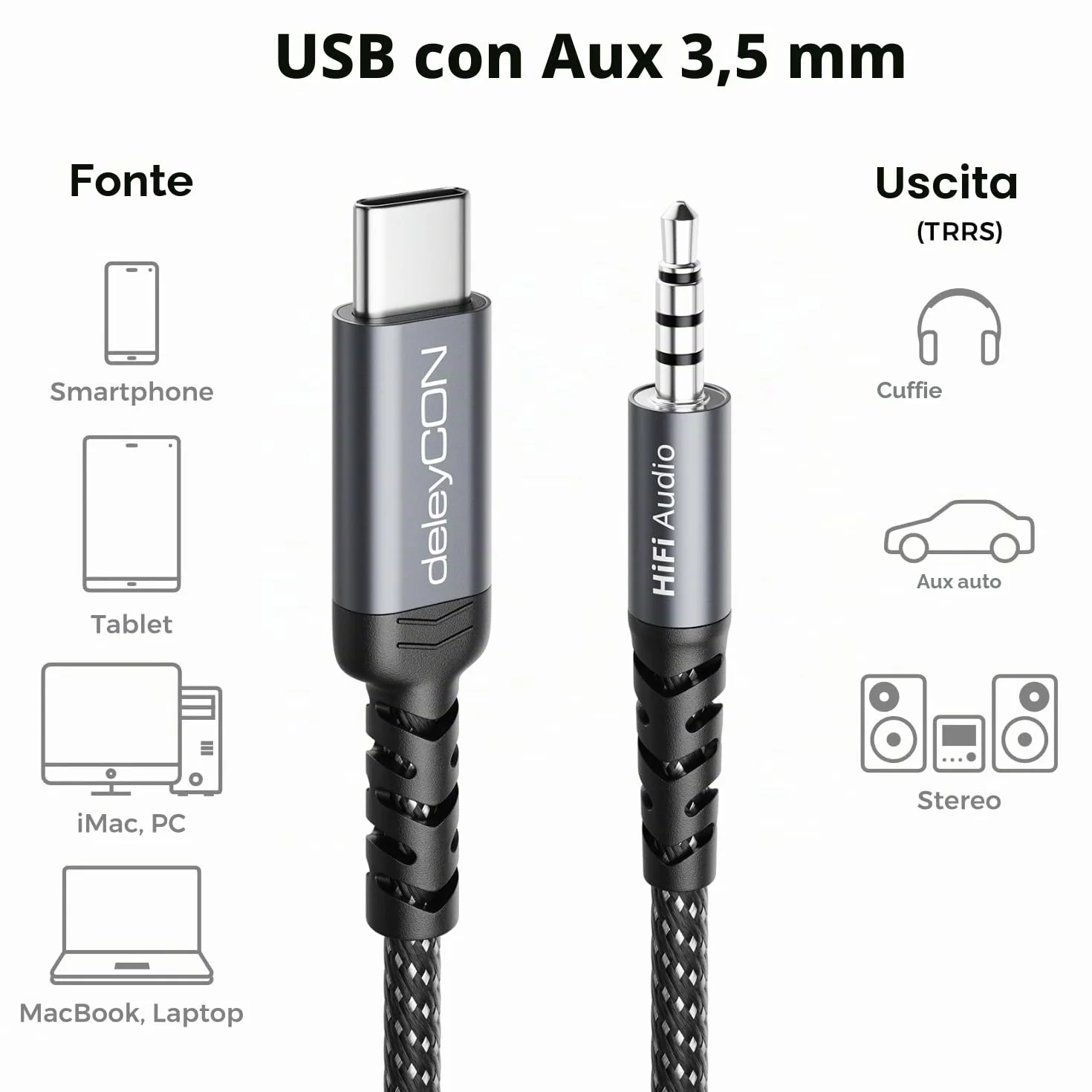 deleyCON 1m Adattatore Audio USB-C a 3,5mm Maschio a Jack 3,5mm Maschio per Cuffie Altoparlanti Sistemi Hi-Fi Compatibile iPhone 17/16/15 iPad Galaxy S25/S24/A16/A56