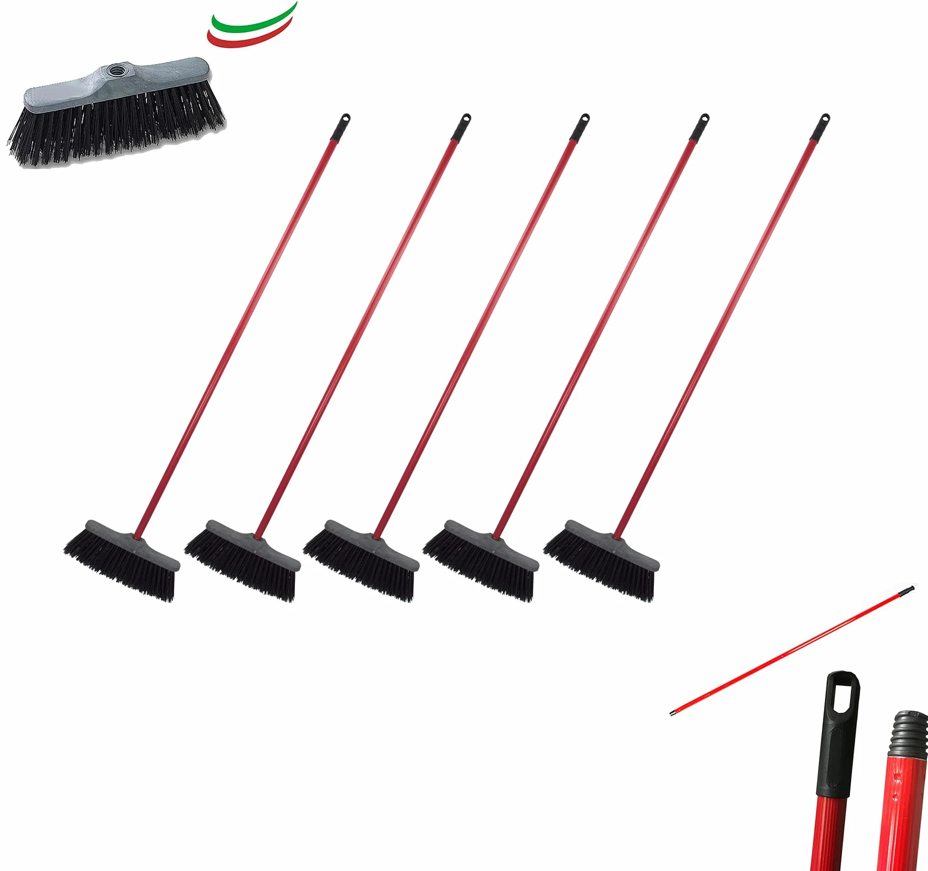 Set 5 Scope da Esterno Industriale o Giardino con Setole Rigide Dure Incluso Manico in Metallo
