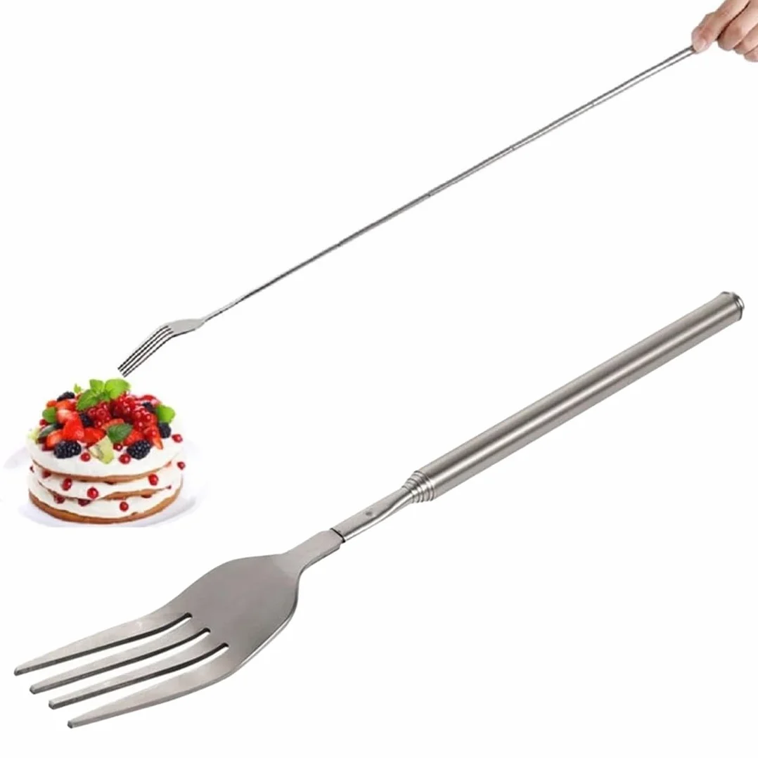 Forchetta telescopica, forchetta telescopica lunga, forchetta telescopica in acciaio inossidabile, forchetta estensibile con manico lungo, per barbecue, brindisi, cena, frutta, dessert, argento