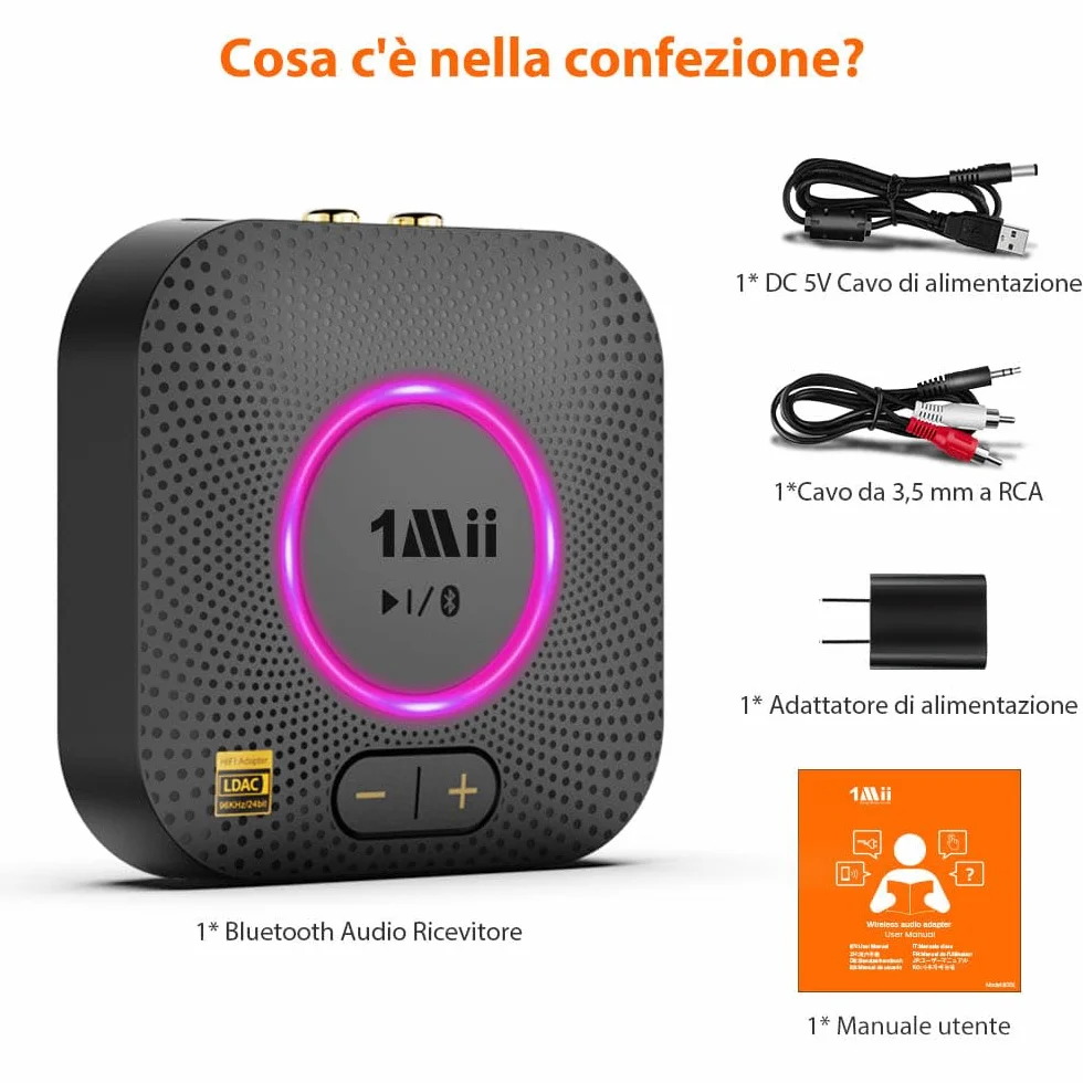 1Mii B06S+ Ricevitore Bluetooth 5.3 HiFi LDAC Adattatore Audio con Jack AUX 3.5mm RCA aptX Bassa Latenza 100ft Controllo Volume