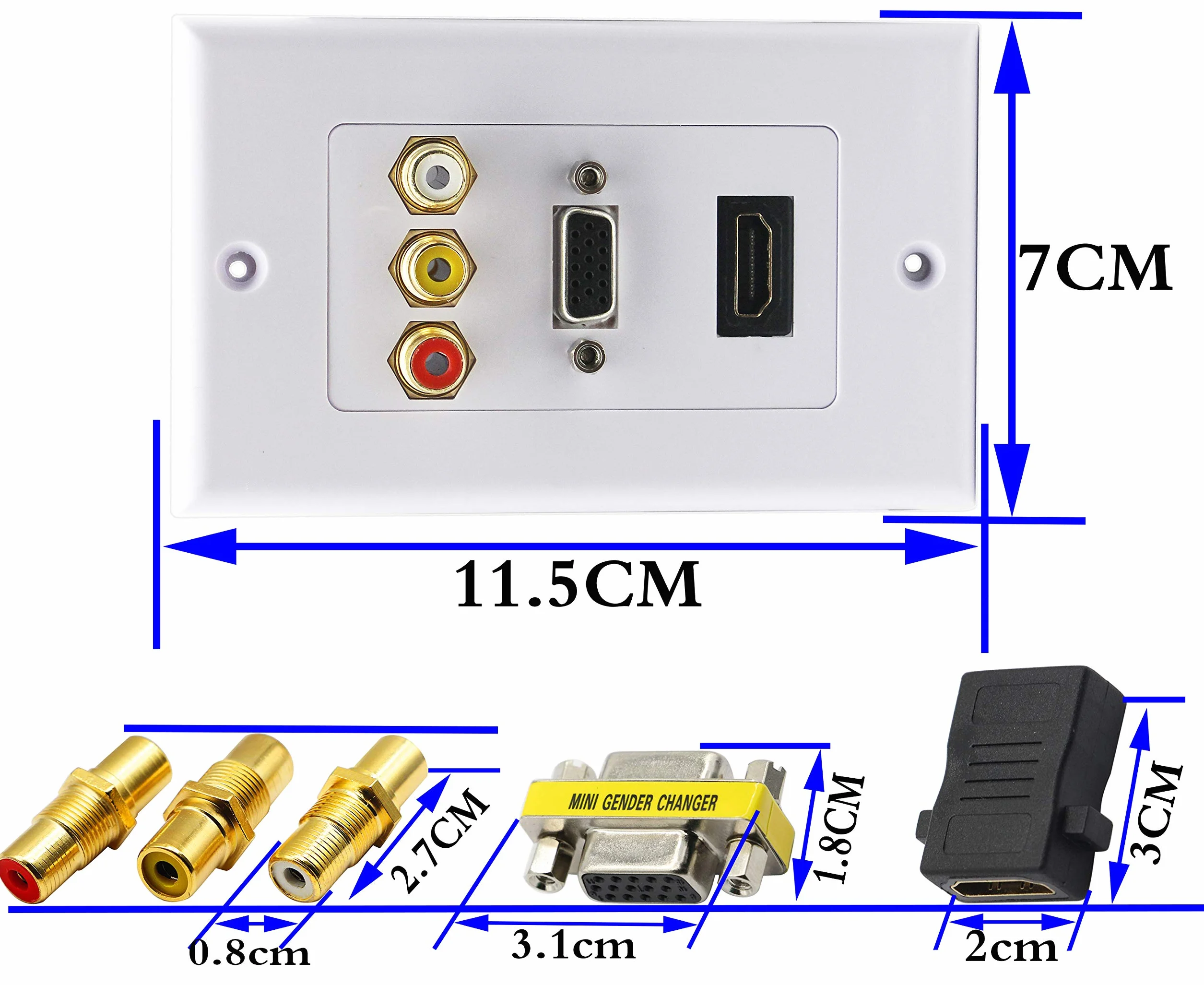 3RCA HDMI VGA Wall Plate Composite Audio Video Face Plate Bianco