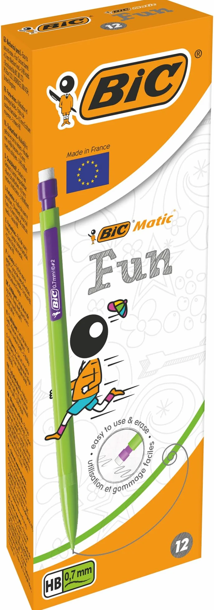 BIC Matic Fun Matite Grafite HB a Scatto con Gomma, Confezione da 12, Cancelleria