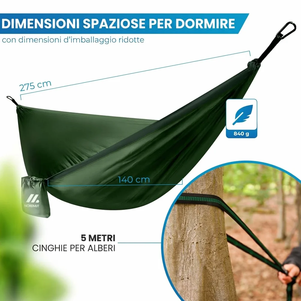 NORDMUT Amaca Ultralight Outdoor Set di Fissaggio – Amaca da Campeggio con Protezione Alberi – Portata 300 kg Verde 140x275 cm