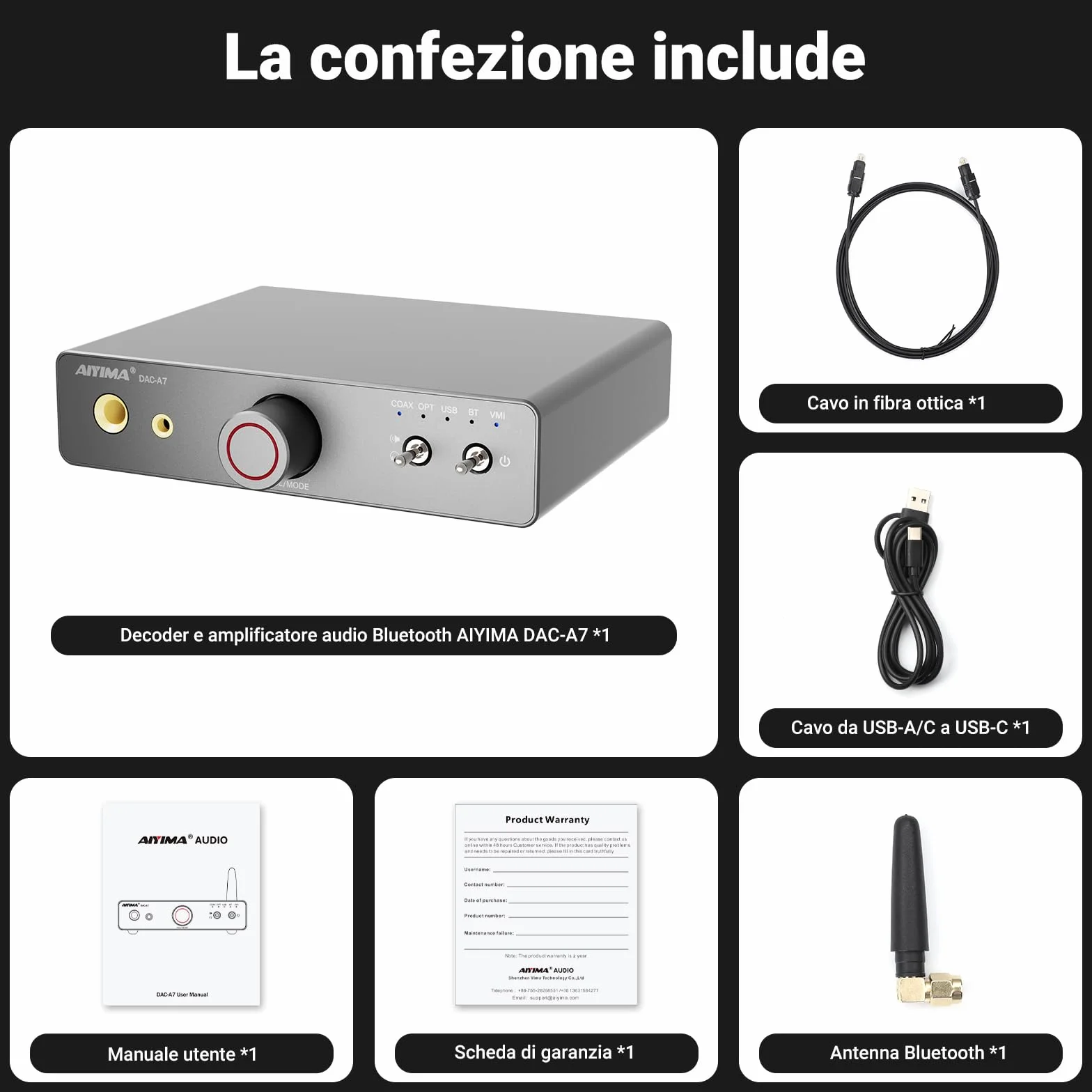 AIYIMA DAC A7 Bluetooth 5.4 Amplificatore decodificante per cuffie HiFi ES9038Q2M 24 bit 192 kHz USB ottico coassiale