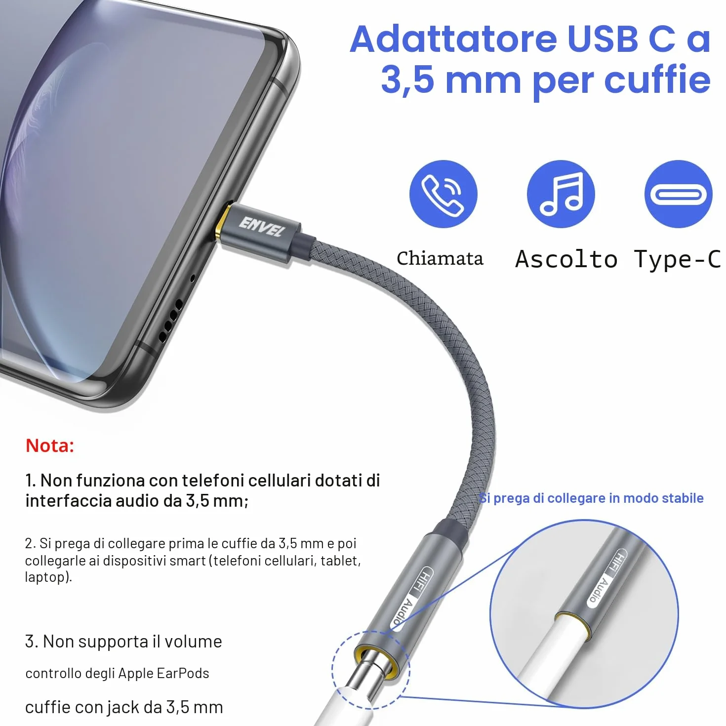 Adattatore USB C a 3,5 mm Femmina, Cavo Audio Tipo C a Aux per iPhone 15 Pro Max, Samsung Galaxy S23, Google Pixel 6