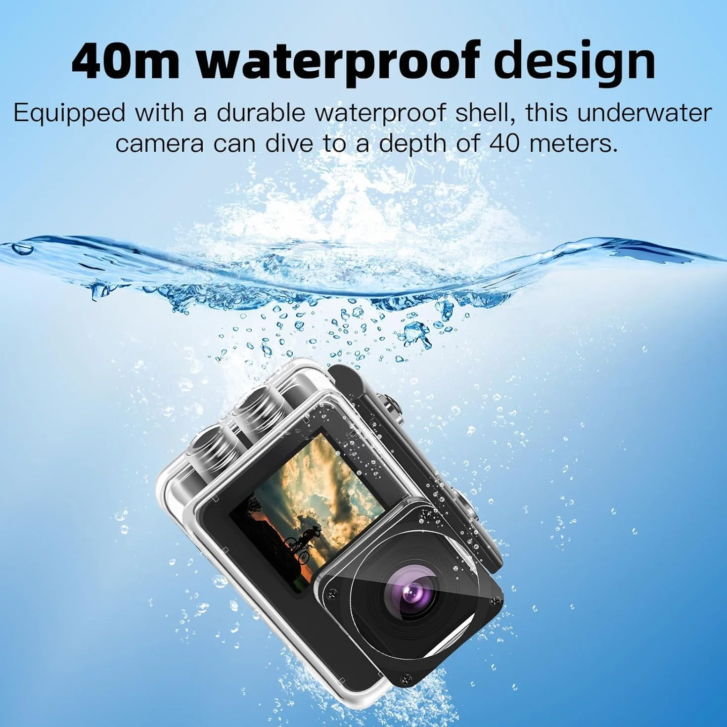 Action Cam 1080P FHD 16MP Fotocamera Subacquea 40M Doppio Schermo 2" 1.3" con Scheda SD 32GB 2 Batterie 1050mAh Nero