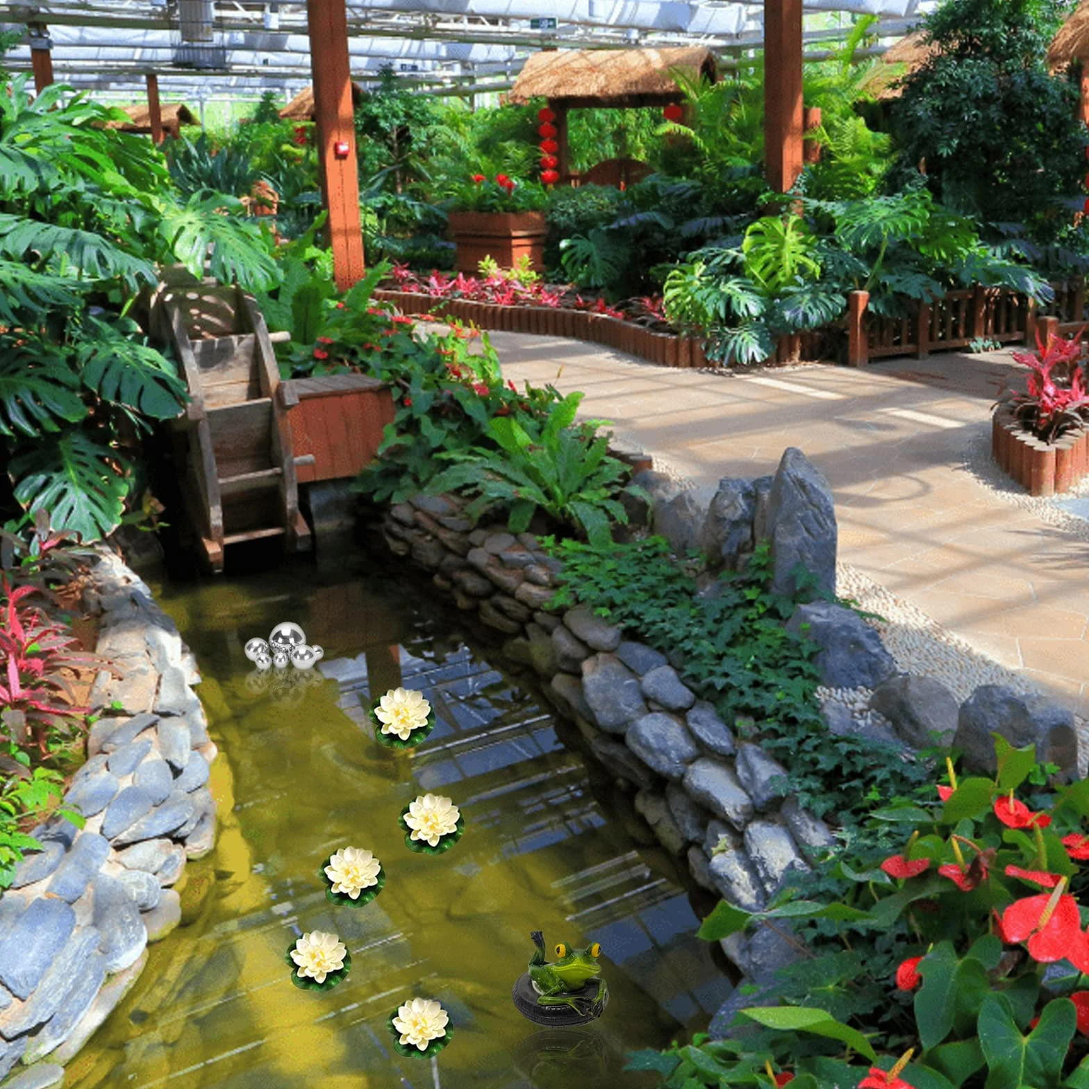 Set Decorativo per laghetti da Giardino, Fiori di Loto Artificiali, Due Rane con Sfere argentate e 2 Fiori di Loto Come Decorazione da Giardino per laghetti da terrazzo, laghetti, fontane solari