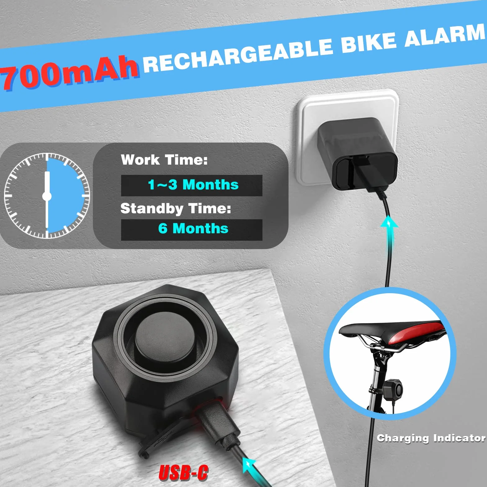 WSDCAM Alarm USB ricaricabile per bicicletta 110 dB regolabile senza fili anti-Theft sensore di movimento auto