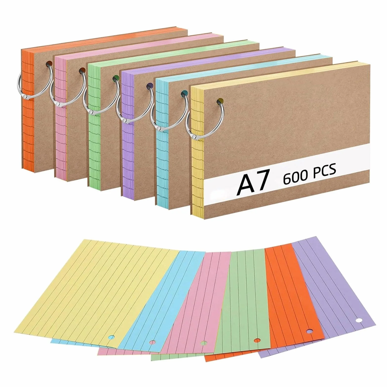 Flashcard A7 600 pezzi Carta Kraft 150g/m² Schede indice a Righe con Anello Blocchi Flash Card Cartoncino