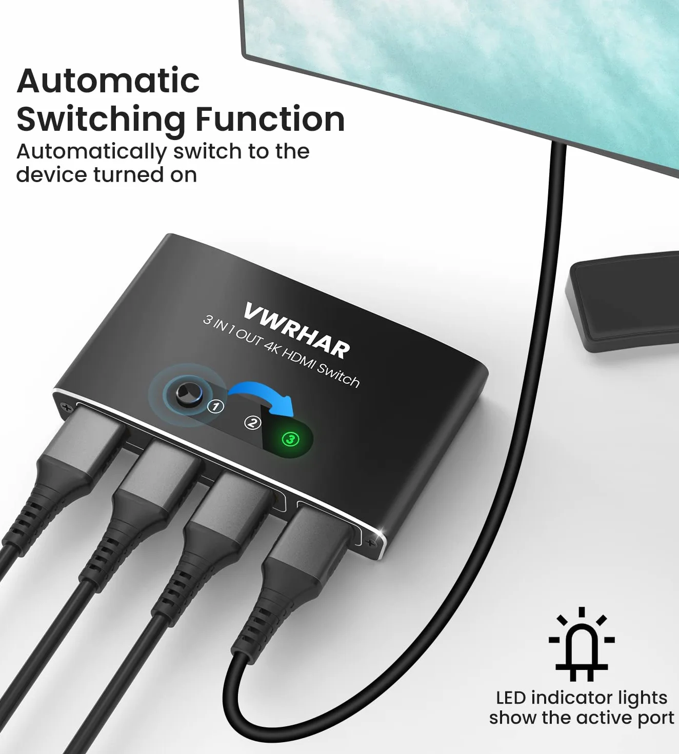 Sdoppiatore HDMI 4K@60Hz HDR 3 In 1 Out Alluminio Switch per TV PC PS5 Xbox