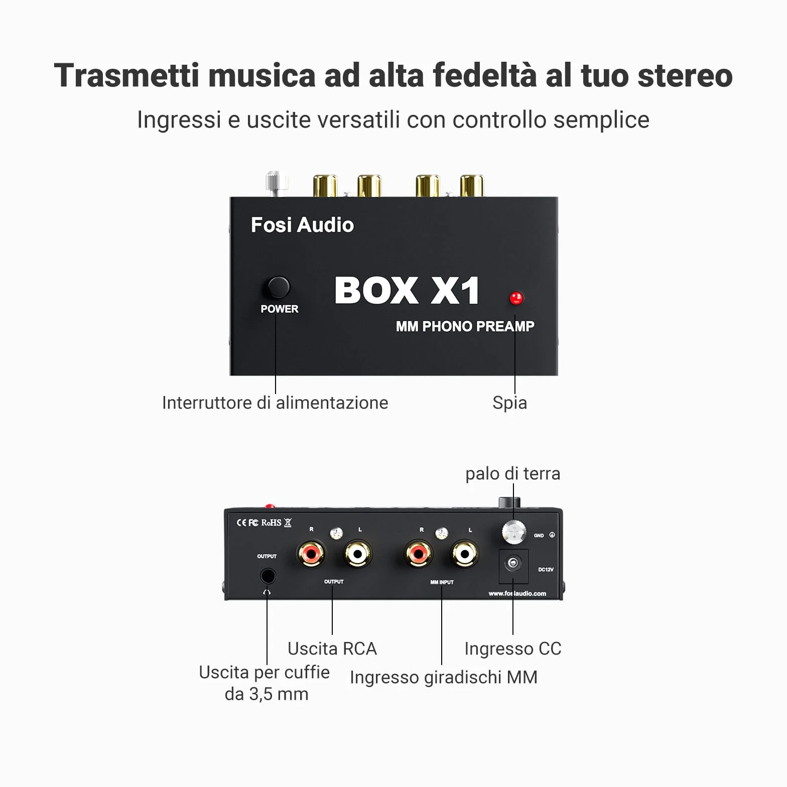 Fosi Audio BOX X1 Preamplificatore Phono MM, Mini Giradischi Hifi con Uscita Cuffia 3.5mm RCA/TRS, Alimentazione 12V