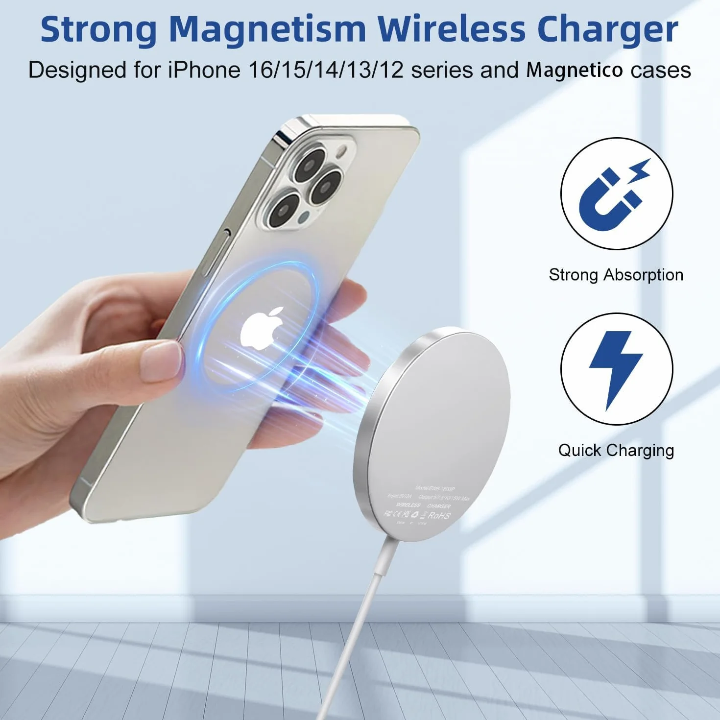 Caricatore Wireless Magnetico 15W per iPhone 16 15 14 13 12 11 Pro Max Mini, AirPods 2/3/Pro