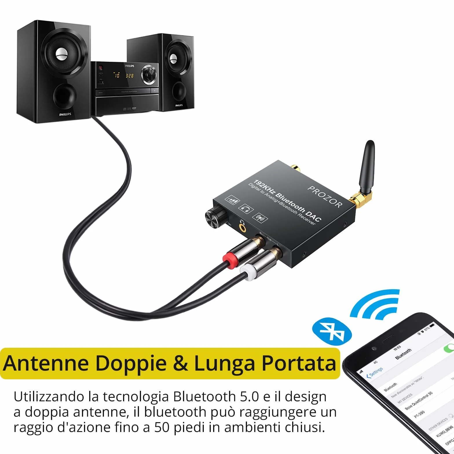 PROZOR Convertitore DAC 192kHz Bluetooth 5.0 Volume Regolabile Adattatore Audio Digitale Coaxial Toslink Analogico Stereo L/R RCA 3.5mm