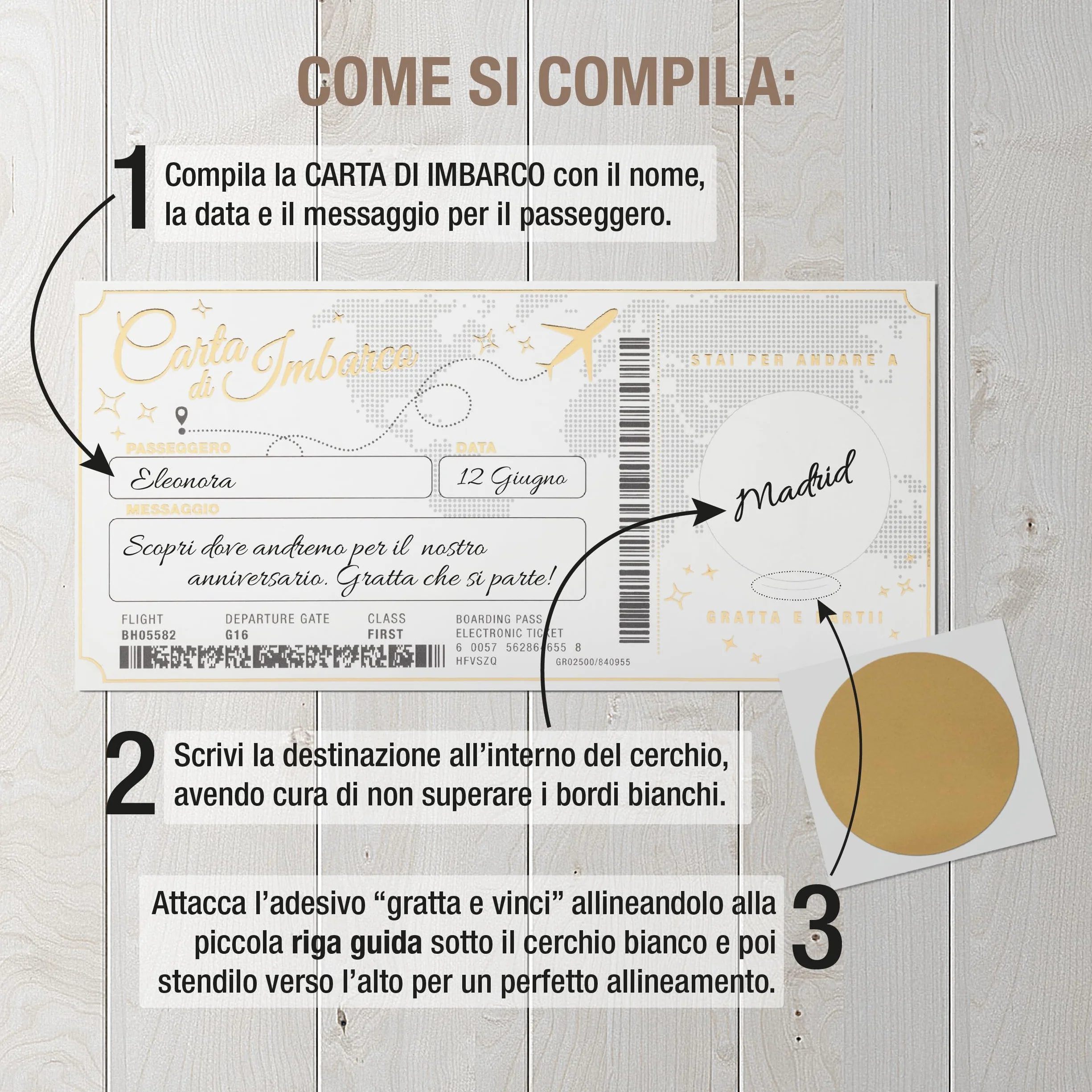 SIMAITALIA Biglietto Viaggio Sorpresa da Grattare - Elegante Regalo per Viaggiatori Personalizzabile (Bianco e Oro)