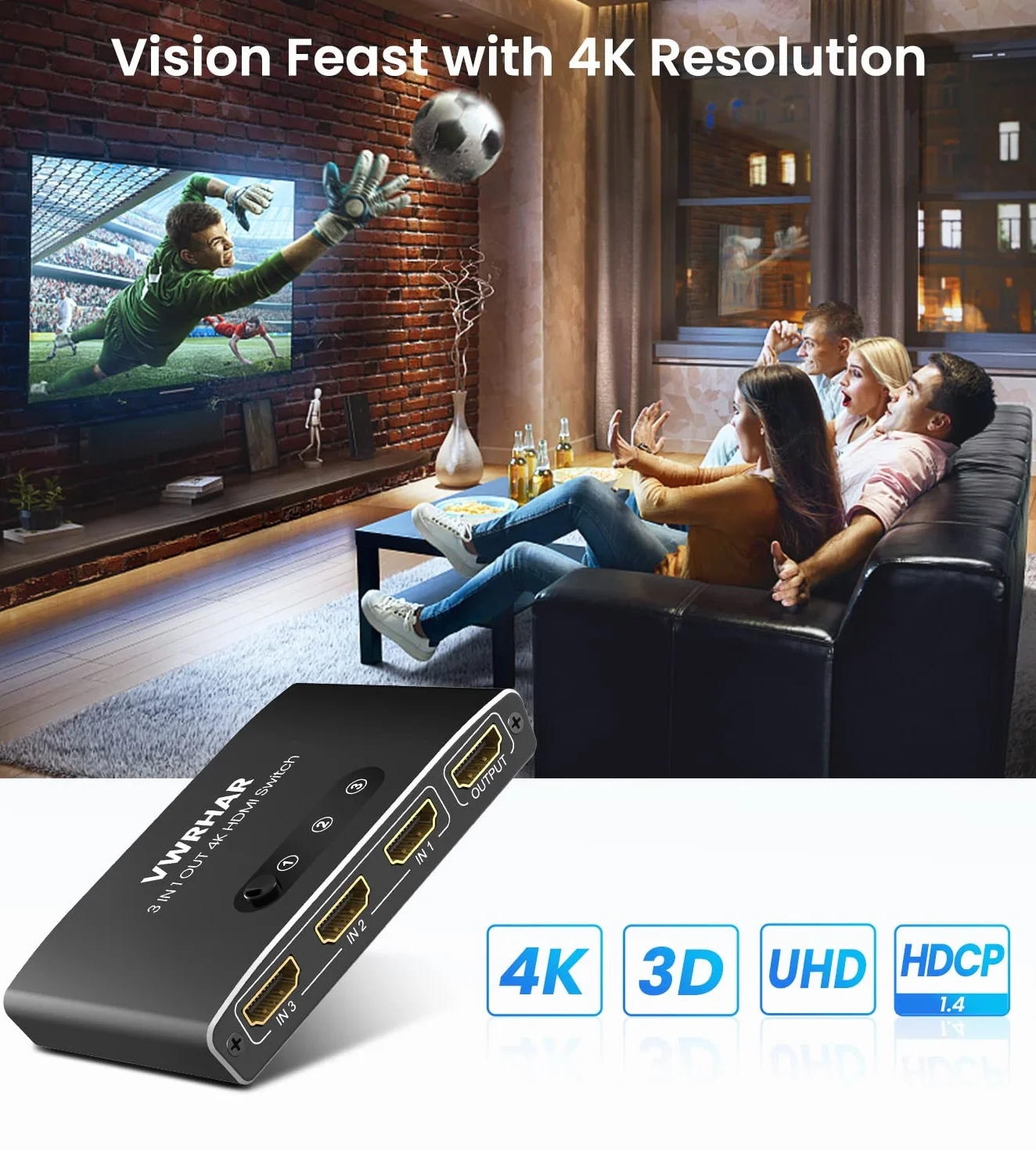 Sdoppiatore HDMI 4K@60Hz HDR 3 In 1 Out Alluminio Switch per TV PC PS5 Xbox