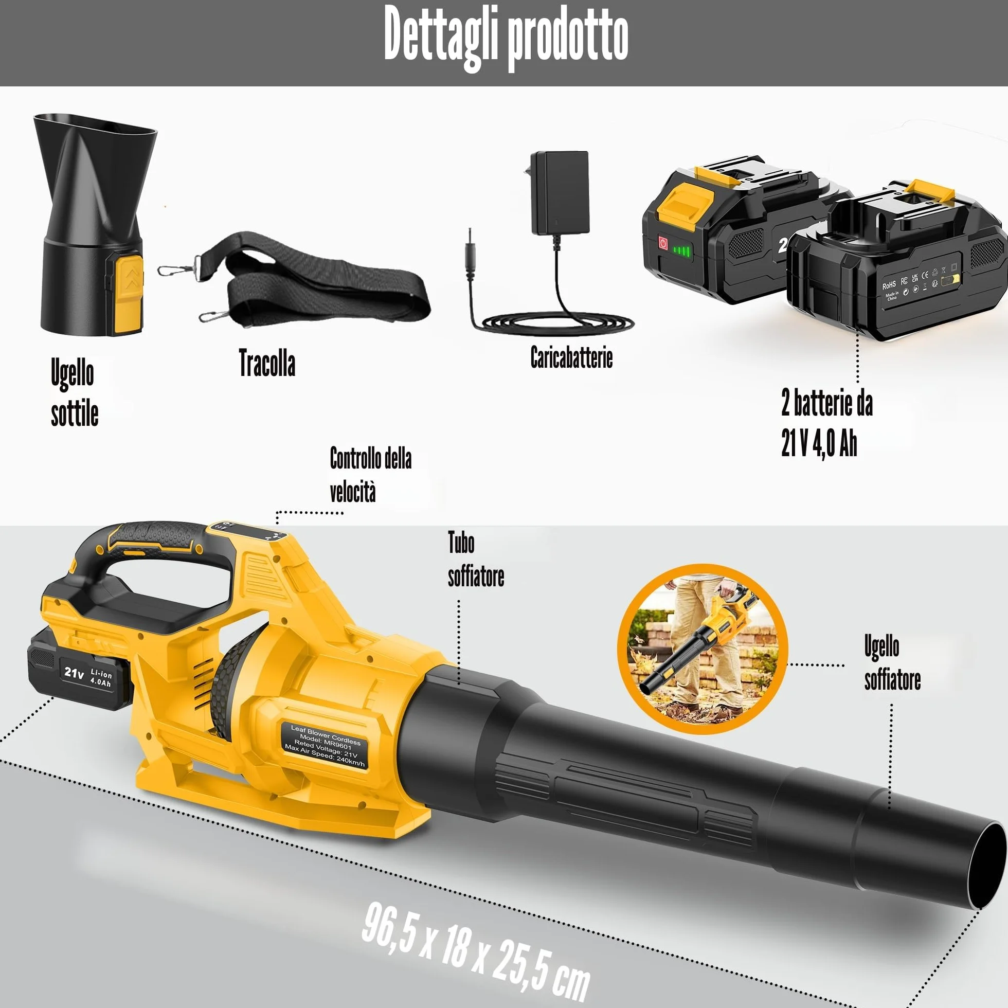 21V Soffiatore a Batteria, Soffiatore Foglie Elettrico con 2 Batteria da 4,0Ah, 2 Ugelli, 3 Velocità Regolabili, Tracolla per Foglie, Neve, Polvere e Detriti