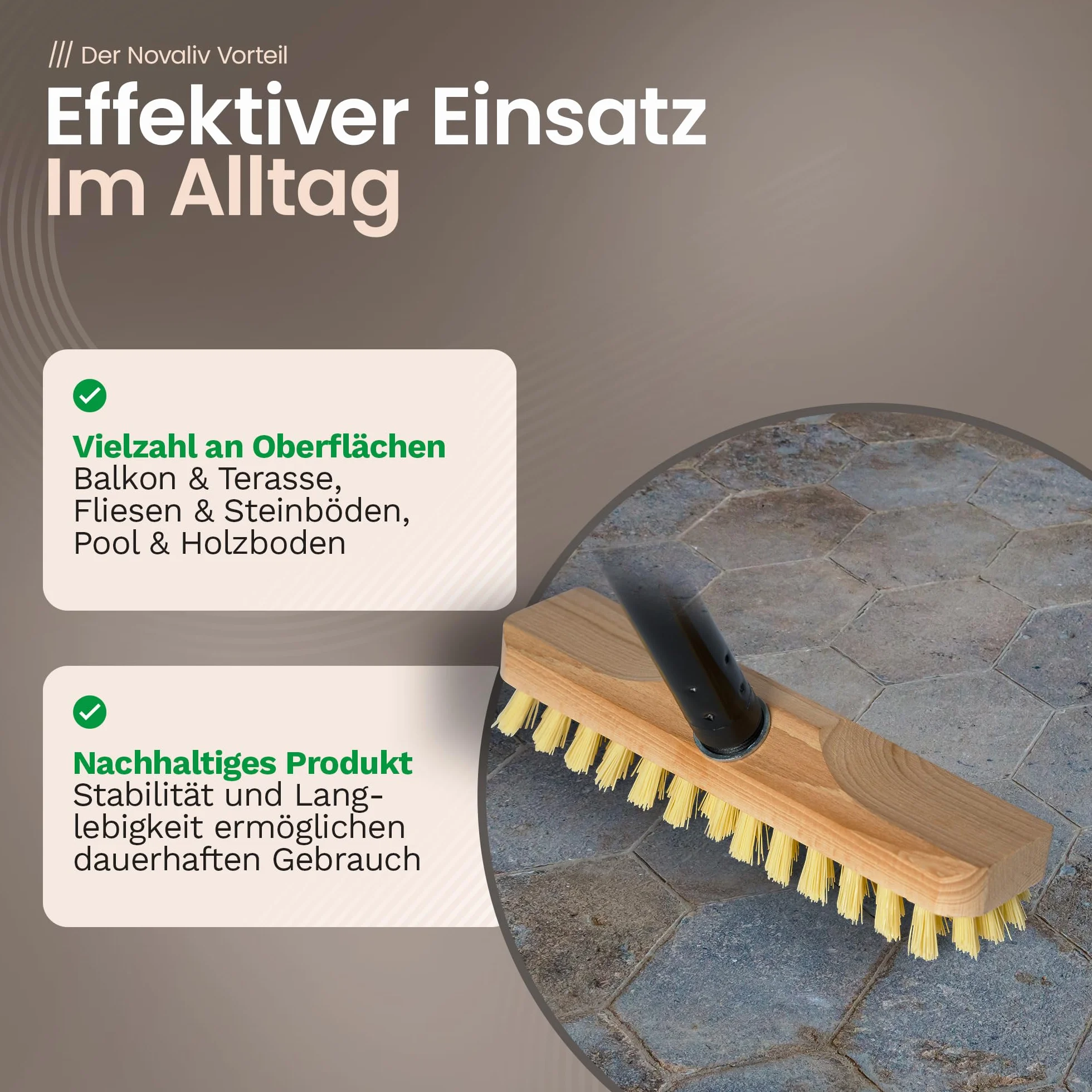 Novaliv Scrubber in legno con setole con filettatura e manico a vite, 4 pezzi, spazzola per pavimenti PPN, ideale per la pulizia di balcone, terrazza, giardino, interni ed esterni
