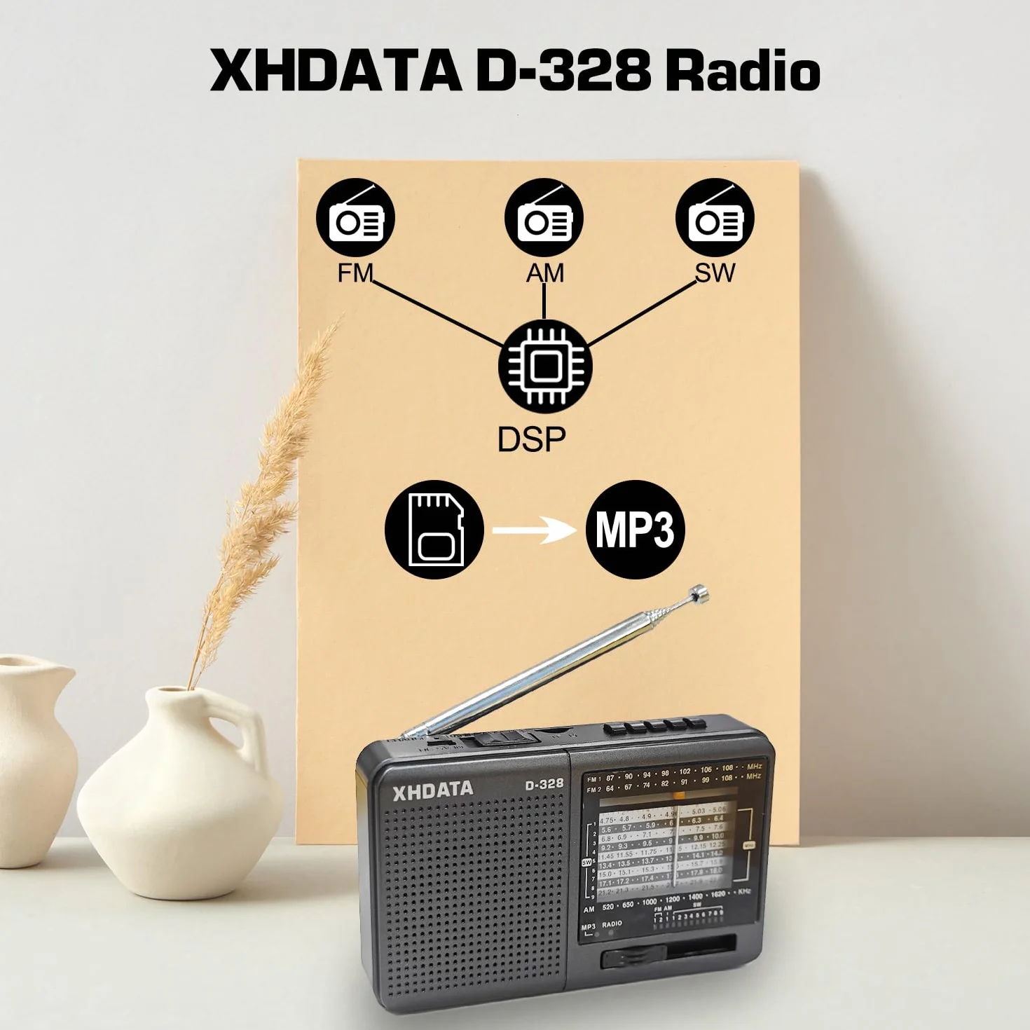XHDATA D-328 Radio Portatile FM AM SW Vintage Supporto TF Card MP3 Batteria Ricaricabile Grigio