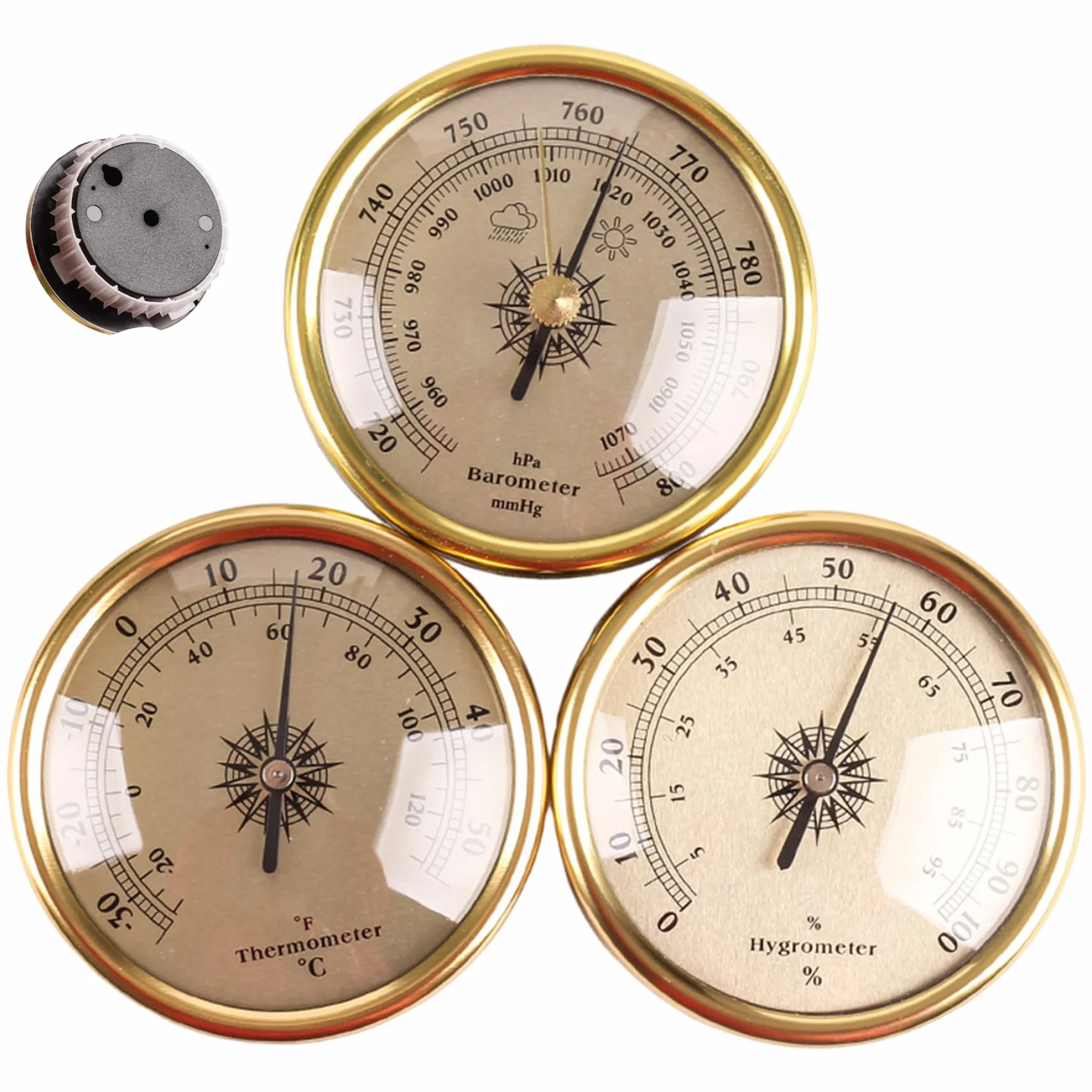 Barometro, Set Termometro Barometro Igrometro 3 in 1 con Cornice Dorata retrò per Parete di Casa, Manometro Barometrico Accurato e Monitor del Clima Interno, 7, 2 cm
